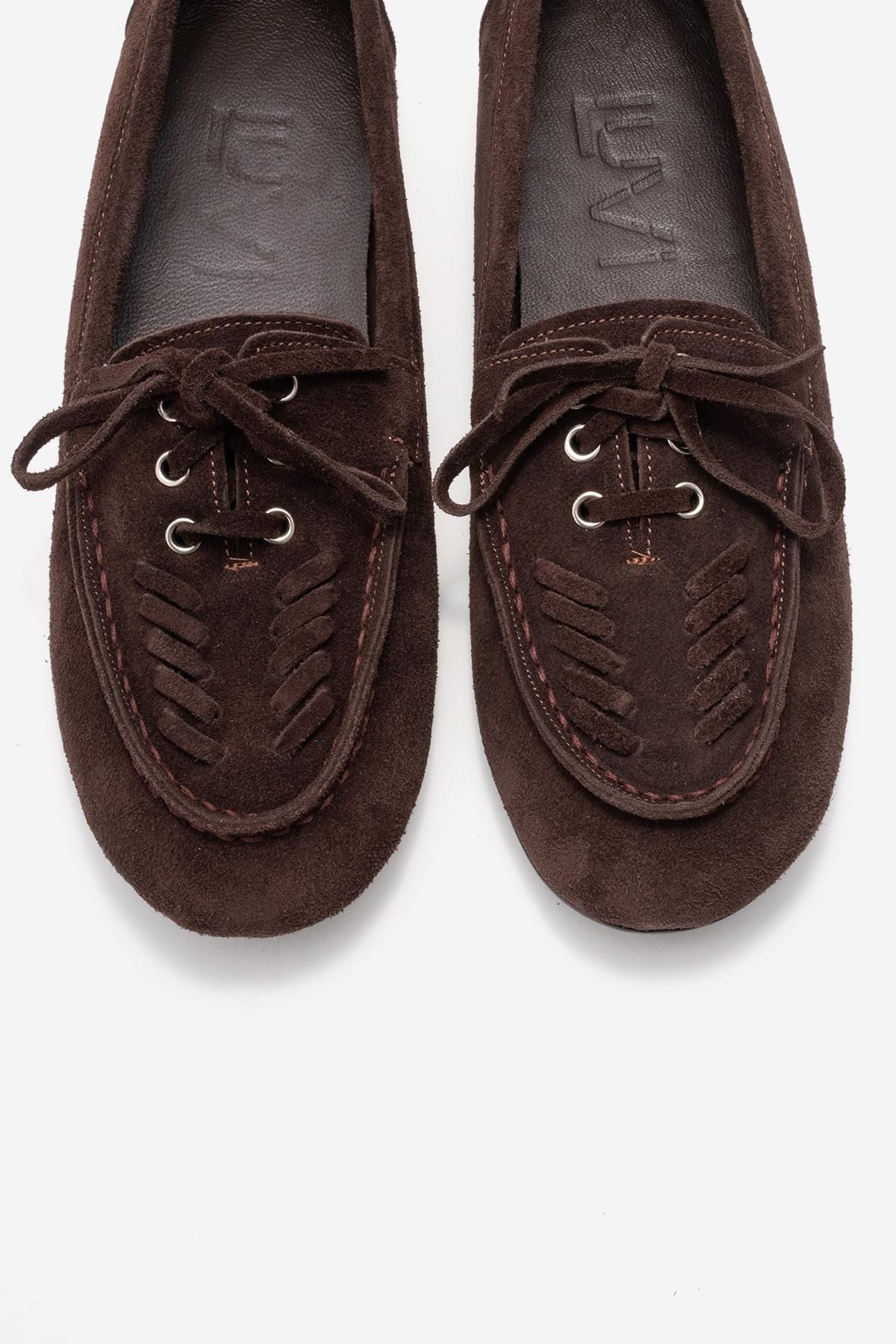 LORVEN - Brown Genuine Suede Leather Lace-Up Loafer – side view showing lace, leather, suede, Vowalisse