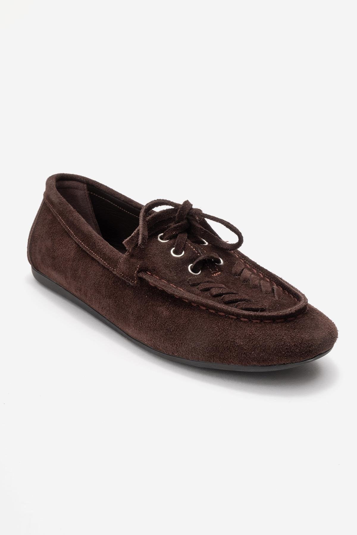 LORVEN - Brown Genuine Suede Leather Lace-Up Loafer – detail view showing lace, leather, suede, Vowalisse
