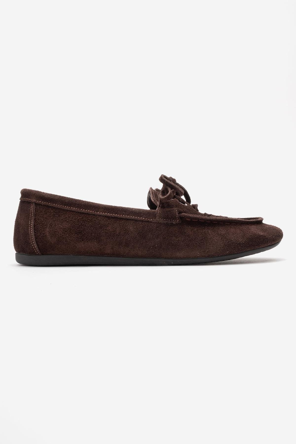 LORVEN - Brown Genuine Suede Leather Lace-Up Loafer – top view showing lace, leather, suede, Vowalisse