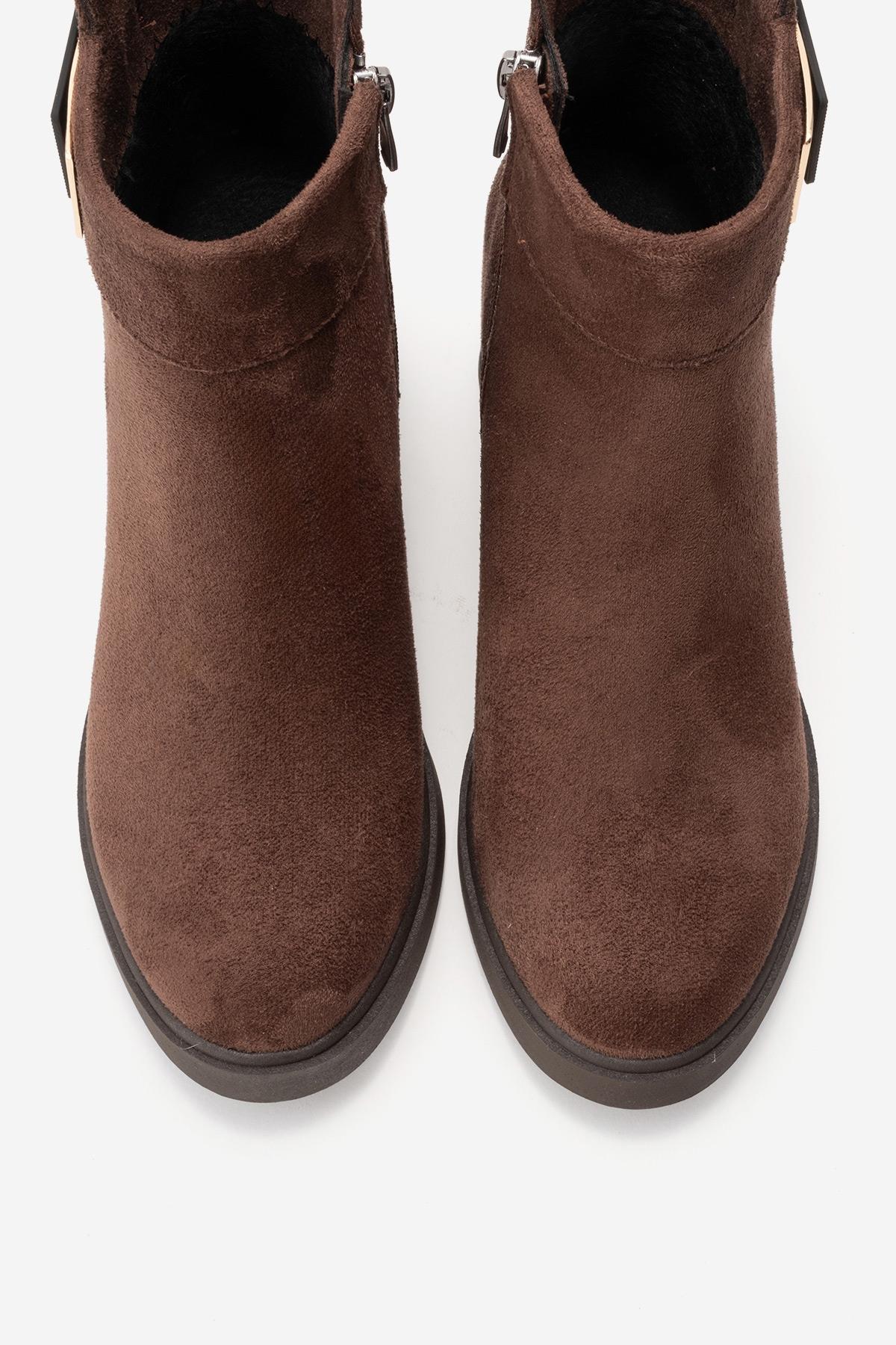 RASHE - Brown Suede Block Heel Boot – side view showing leather, suede, red, Vowalisse