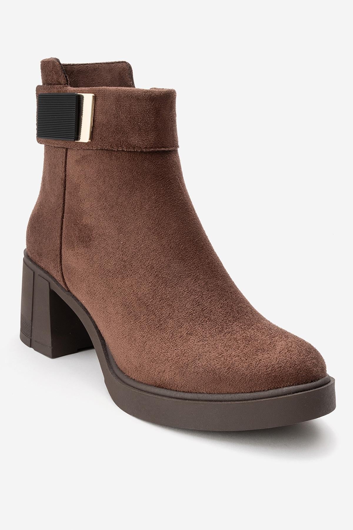 RASHE - Brown Suede Block Heel Boot – detail view showing leather, suede, red, Vowalisse