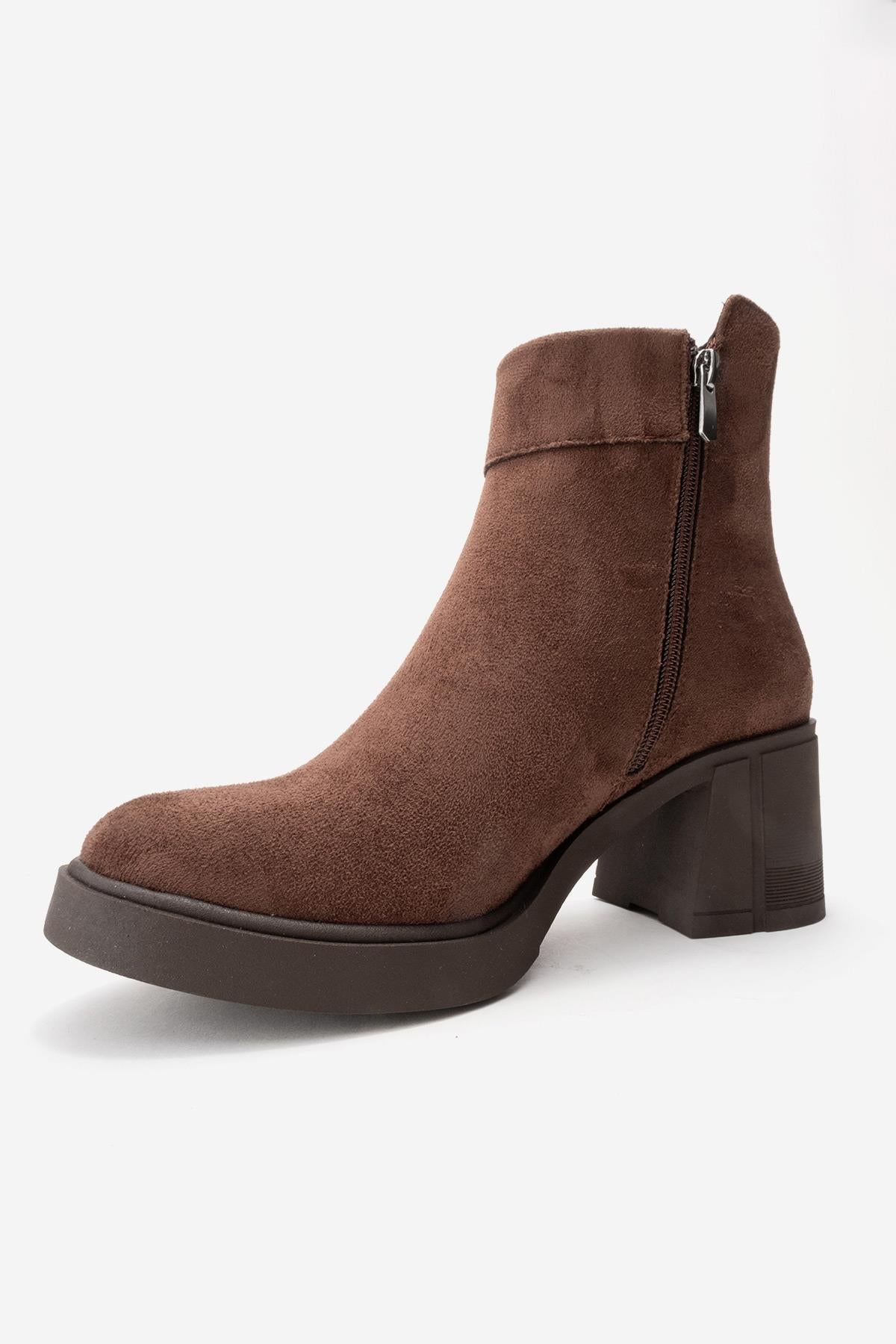 RASHE - Brown Suede Block Heel Boot – heel view showing leather, suede, red, Vowalisse