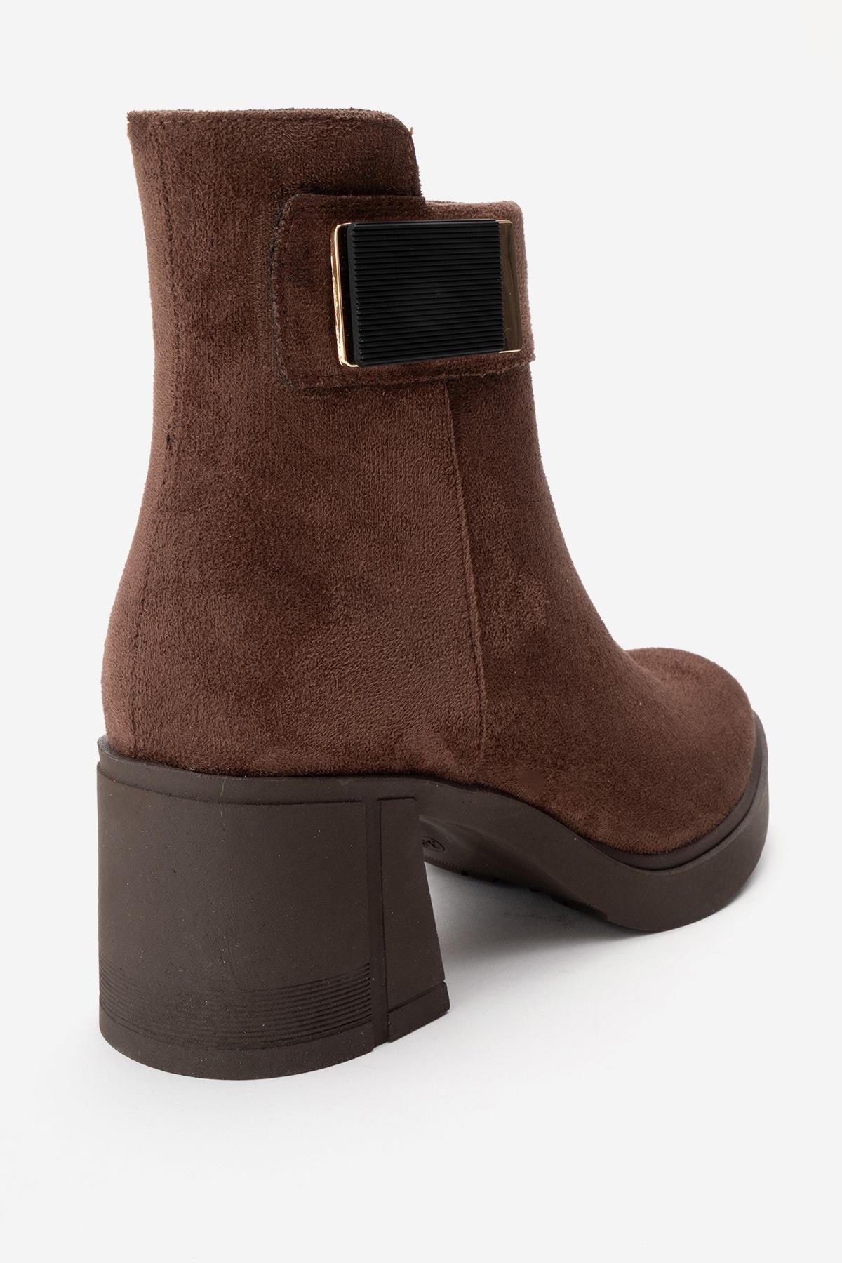 RASHE - Brown Suede Block Heel Boot – back view showing leather, suede, red, Vowalisse