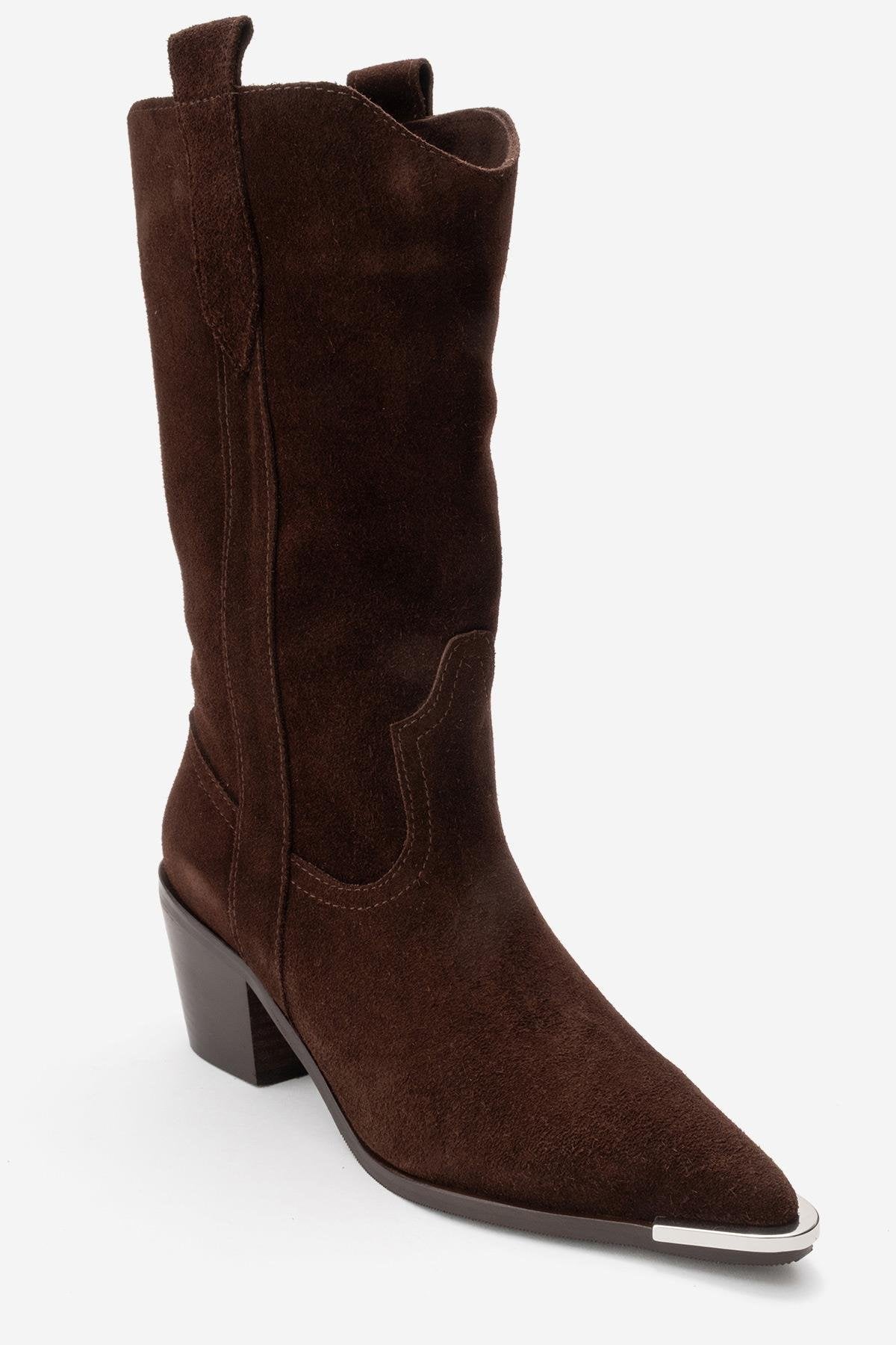 ALVI - Brown Genuine Suede Block Heel Western Boot – detail view showing leather, suede, Vowalisse