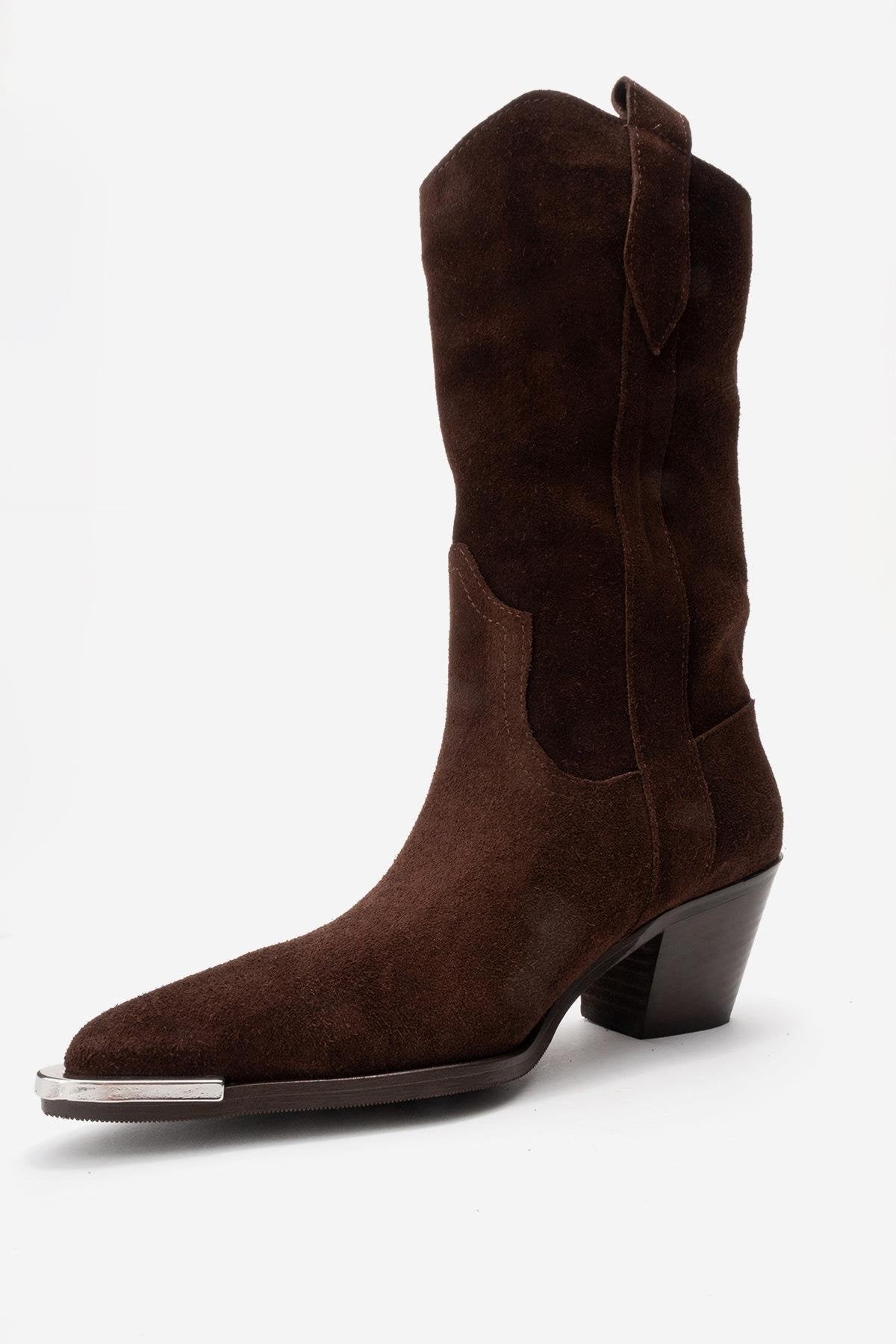 ALVI - Brown Genuine Suede Block Heel Western Boot – heel view showing leather, suede, Vowalisse