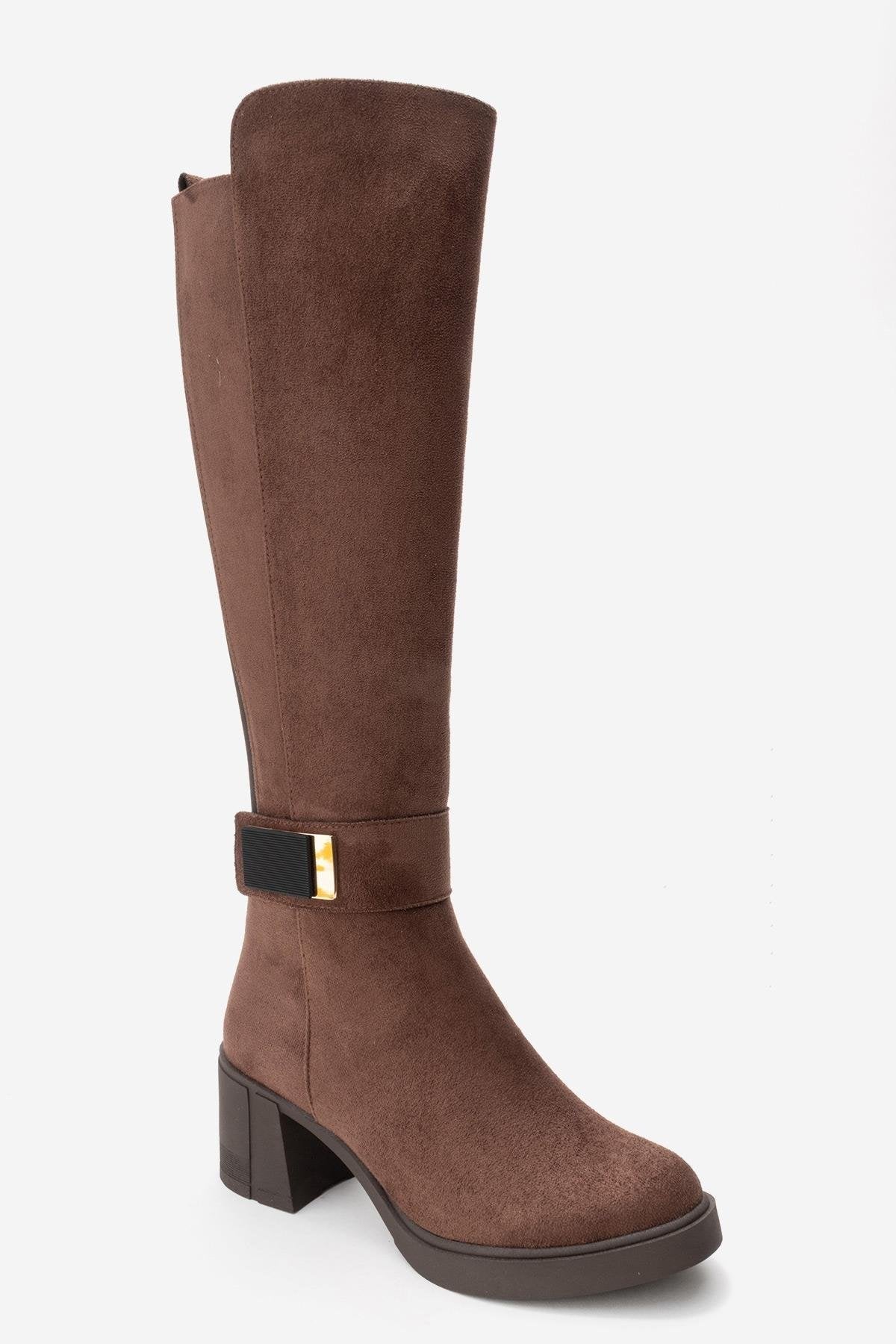 MORENİ - Brown Genuine Leather Knee-High Block Heel Boot – top view showing leather, Vowalisse