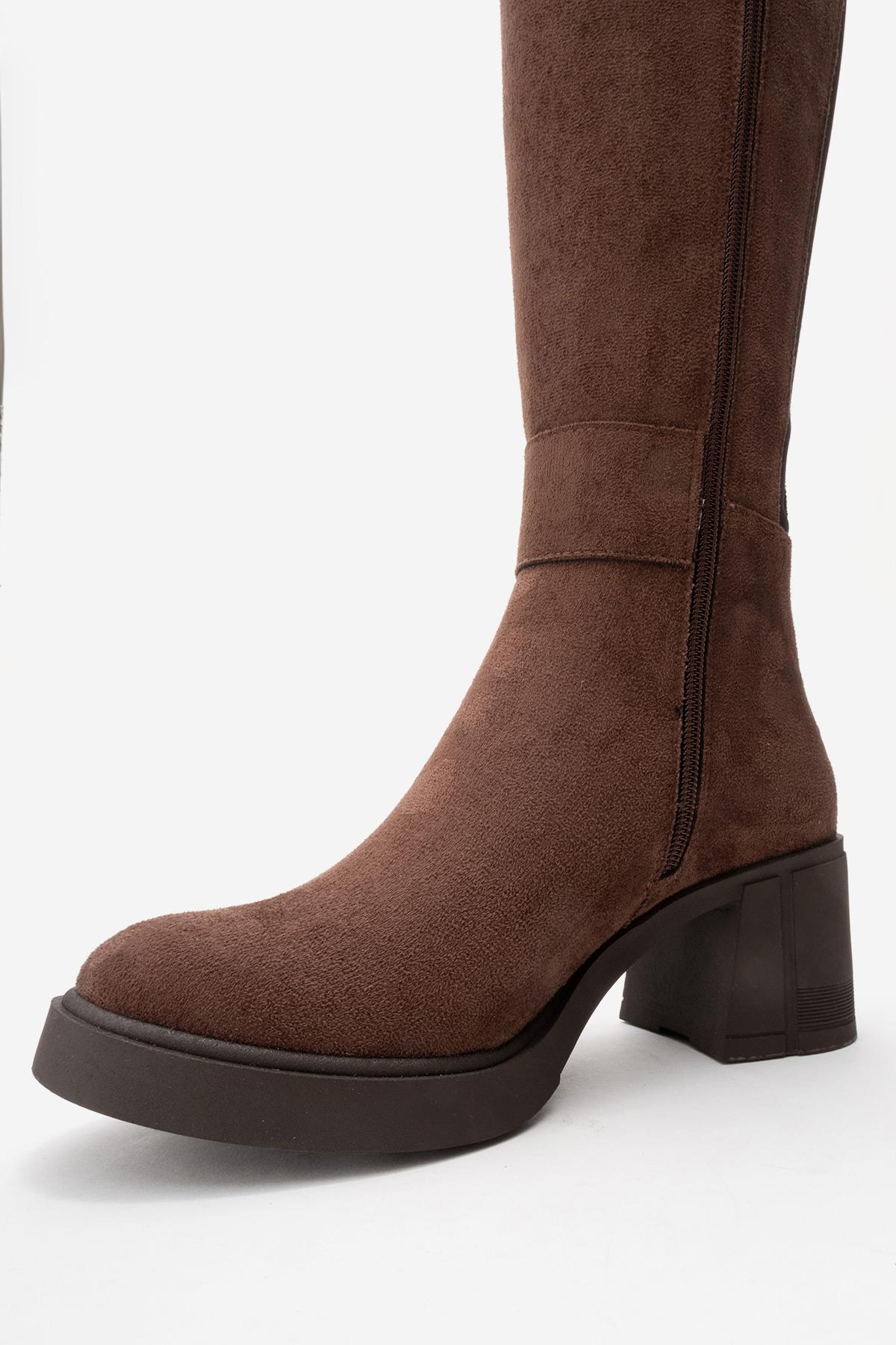 MORENİ - Brown Genuine Leather Knee-High Block Heel Boot – sole view showing leather, Vowalisse