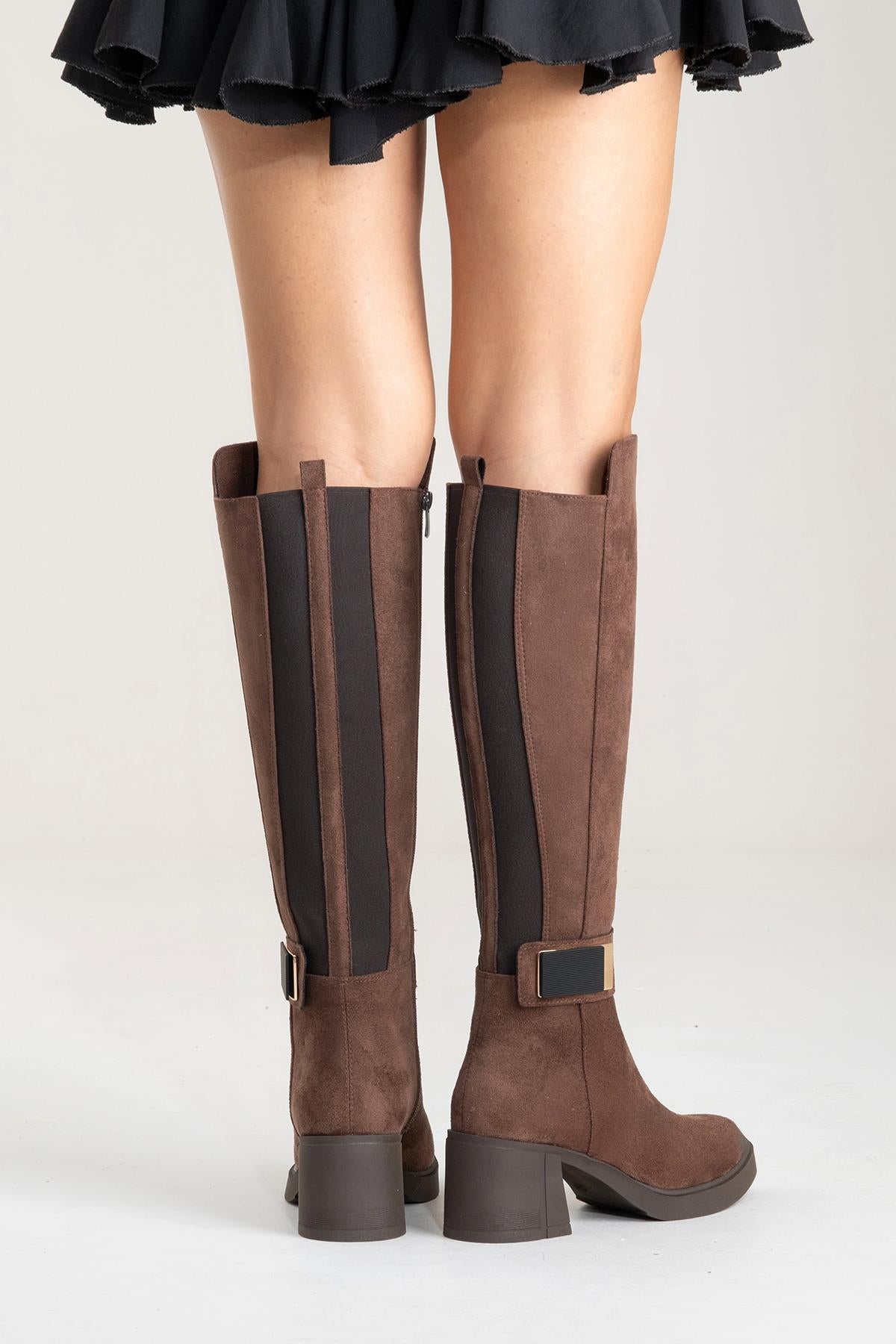 MORENİ - Brown Genuine Leather Knee-High Block Heel Boot – pair view showing leather, Vowalisse