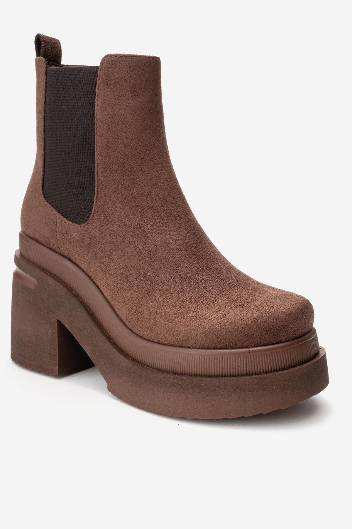 EMMA - Brown Platform Heel Boot – detail view showing suede, Vowalisse