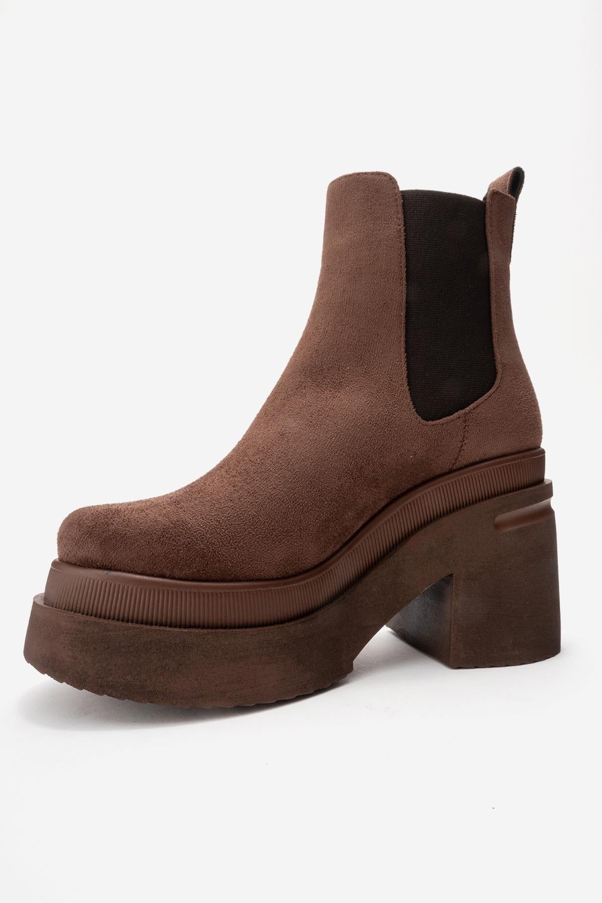 EMMA - Brown Platform Heel Boot – heel view showing suede, Vowalisse