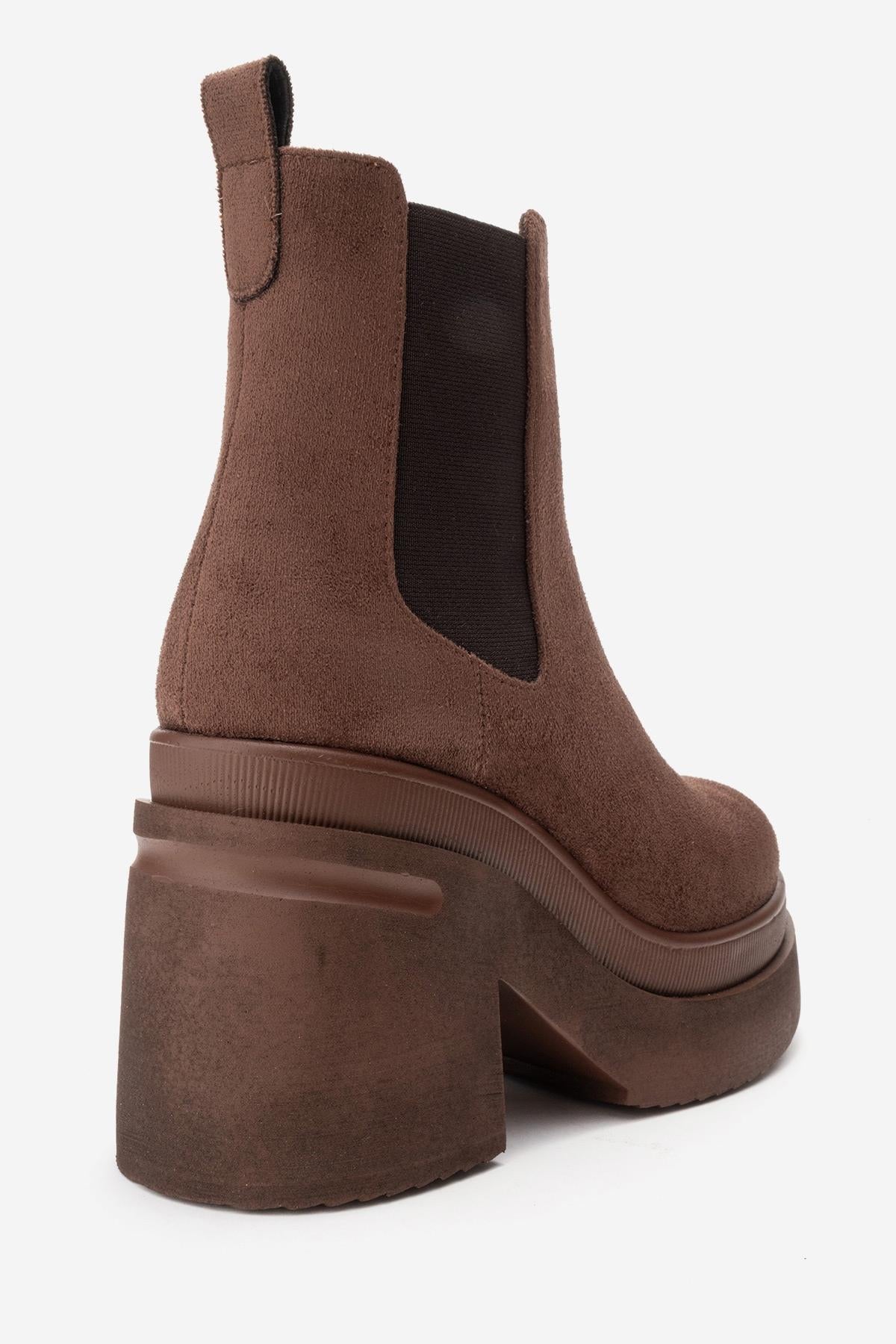 EMMA - Brown Platform Heel Boot – back view showing suede, Vowalisse