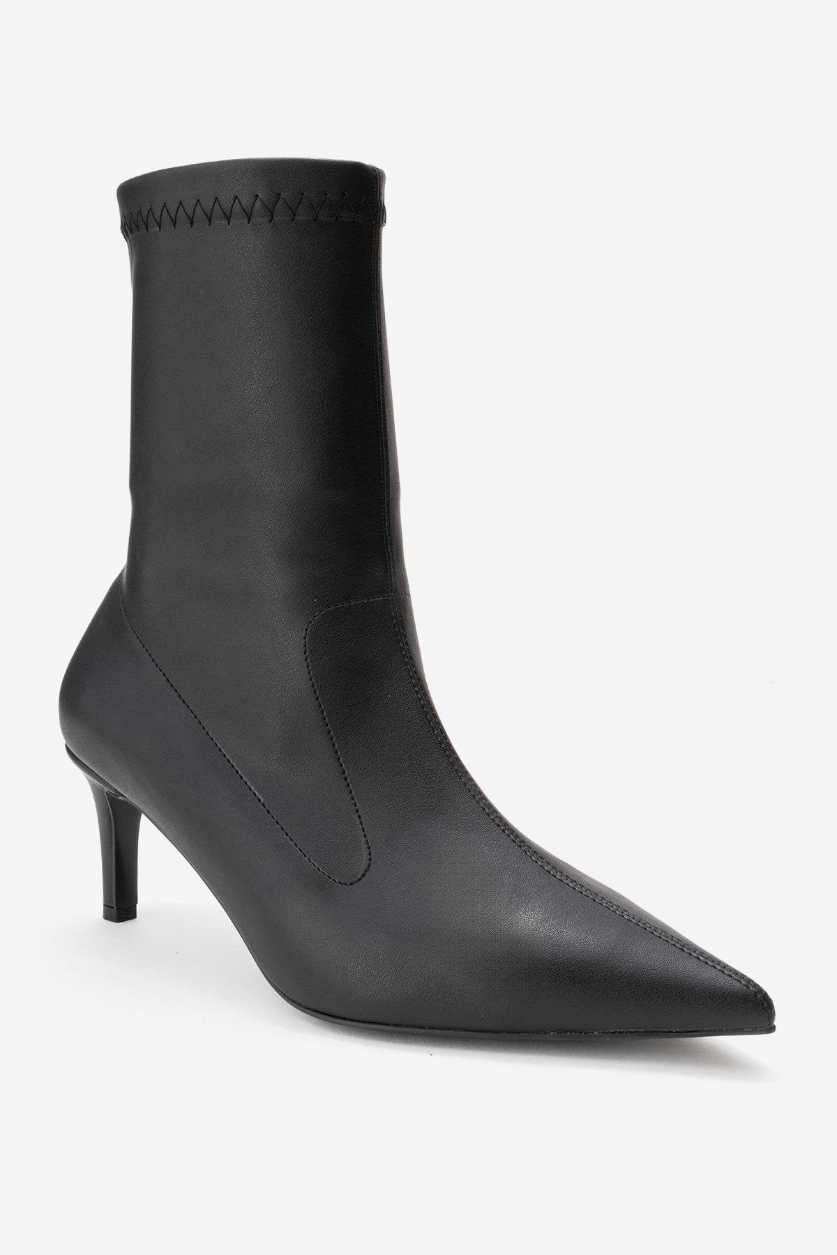Rossano - Black Stretch Stiletto Heel Boot – detail view showing leather, black, Vowalisse
