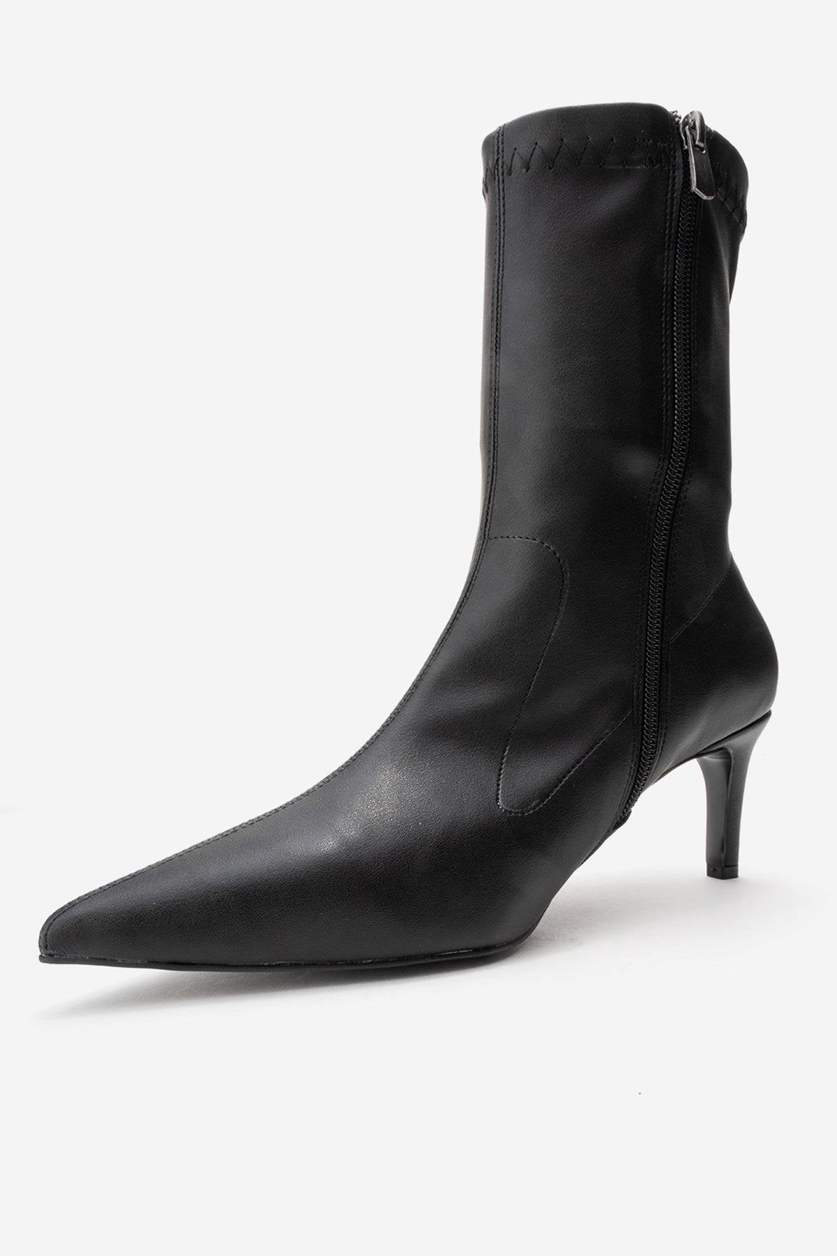 Rossano - Black Stretch Stiletto Heel Boot – heel view showing leather, black, Vowalisse