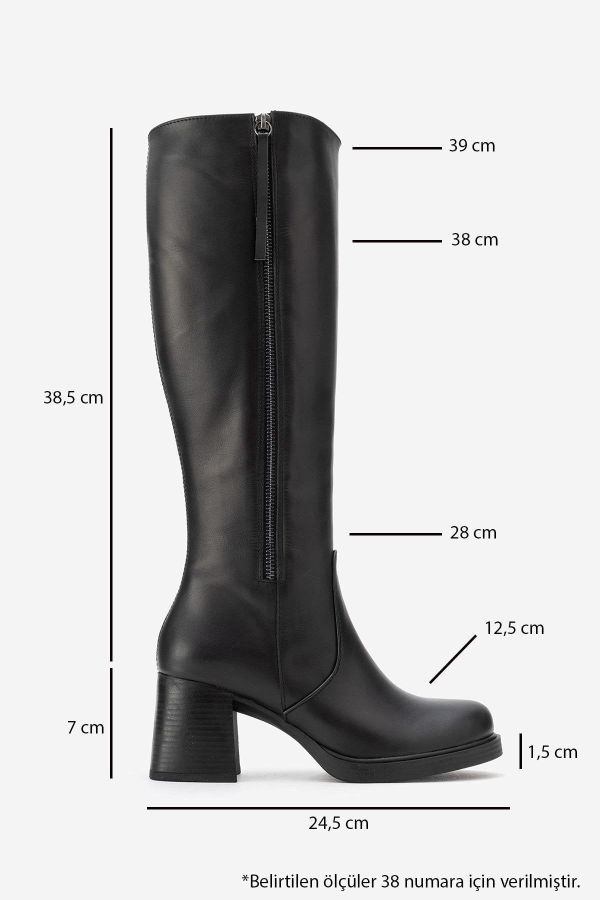 LENSA - Black Genuine Leather Block Heel Boot – detail view showing leather, black, Vowalisse