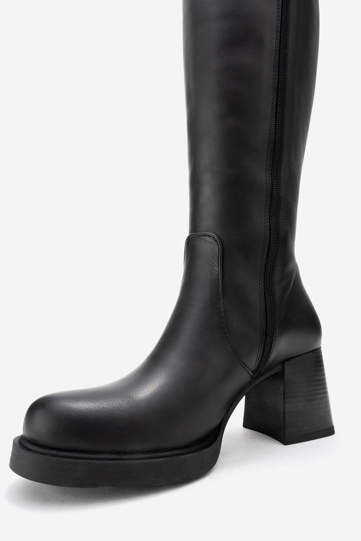 LENSA - Black Genuine Leather Block Heel Boot – back view showing leather, black, Vowalisse