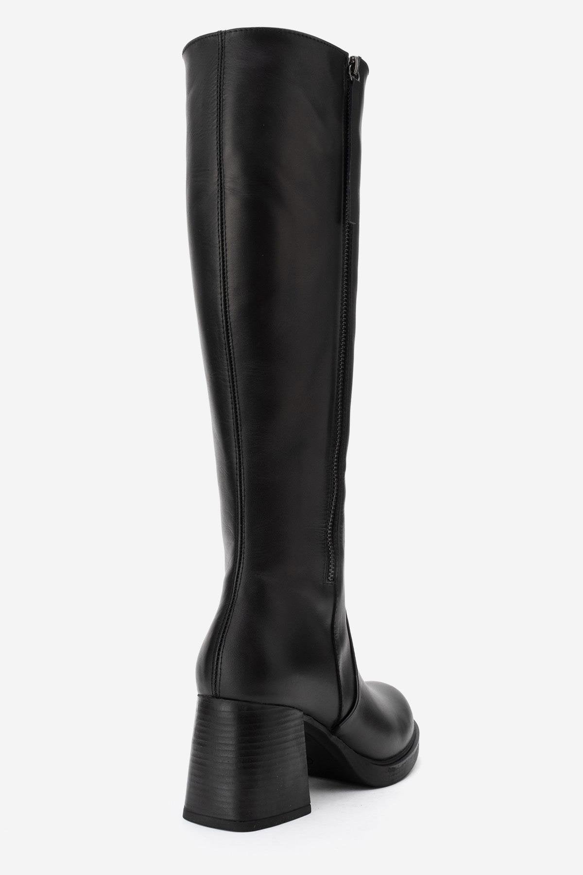 LENSA - Black Genuine Leather Block Heel Boot – top view showing leather, black, Vowalisse