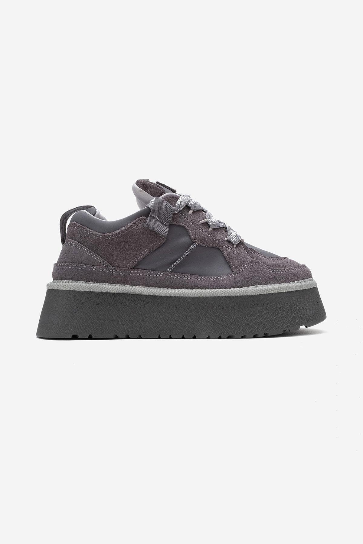 RIVEN - Gray Genuine Suede Leather Platform Sneaker – top view showing leather, suede, Vowalisse