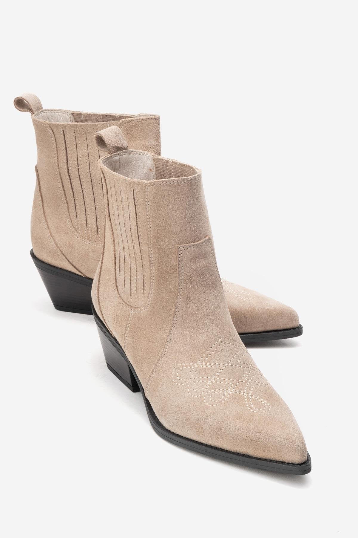 JULIETA - Beige Genuine Suede Leather Block Heel Western Boot – front three-quarter view showing leather, suede, Vowalisse