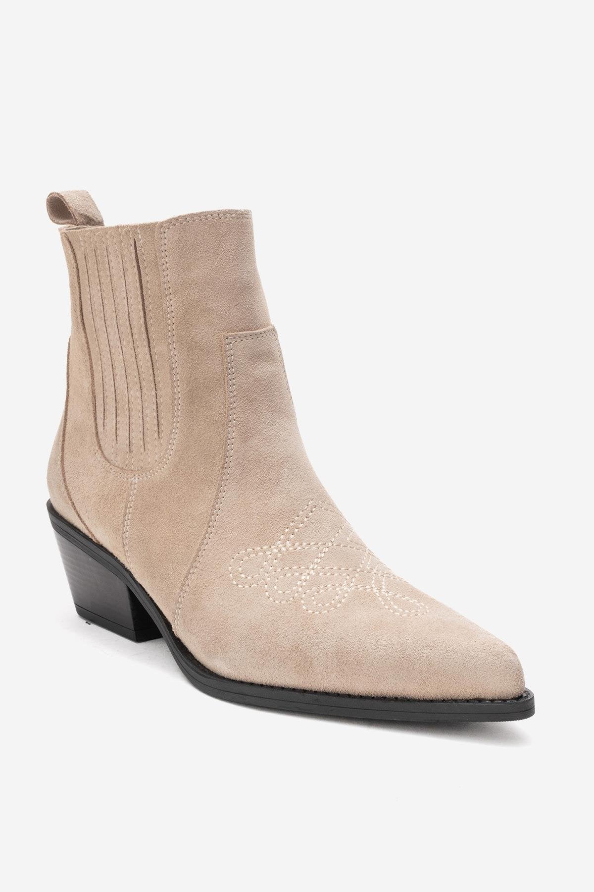 JULIETA - Beige Genuine Suede Leather Block Heel Western Boot – detail view showing leather, suede, Vowalisse