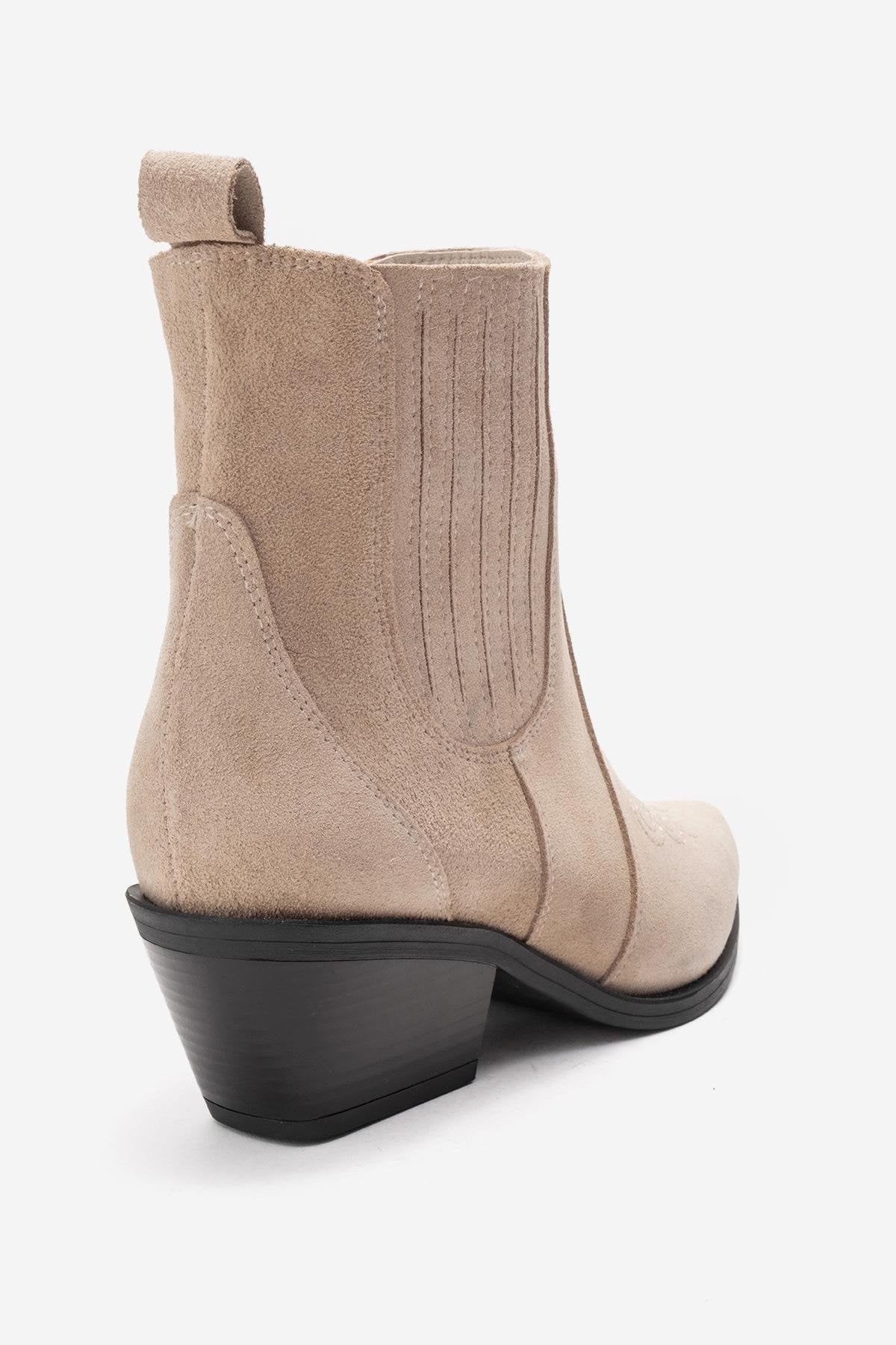 JULIETA - Beige Genuine Suede Leather Block Heel Western Boot – back view showing leather, suede, Vowalisse