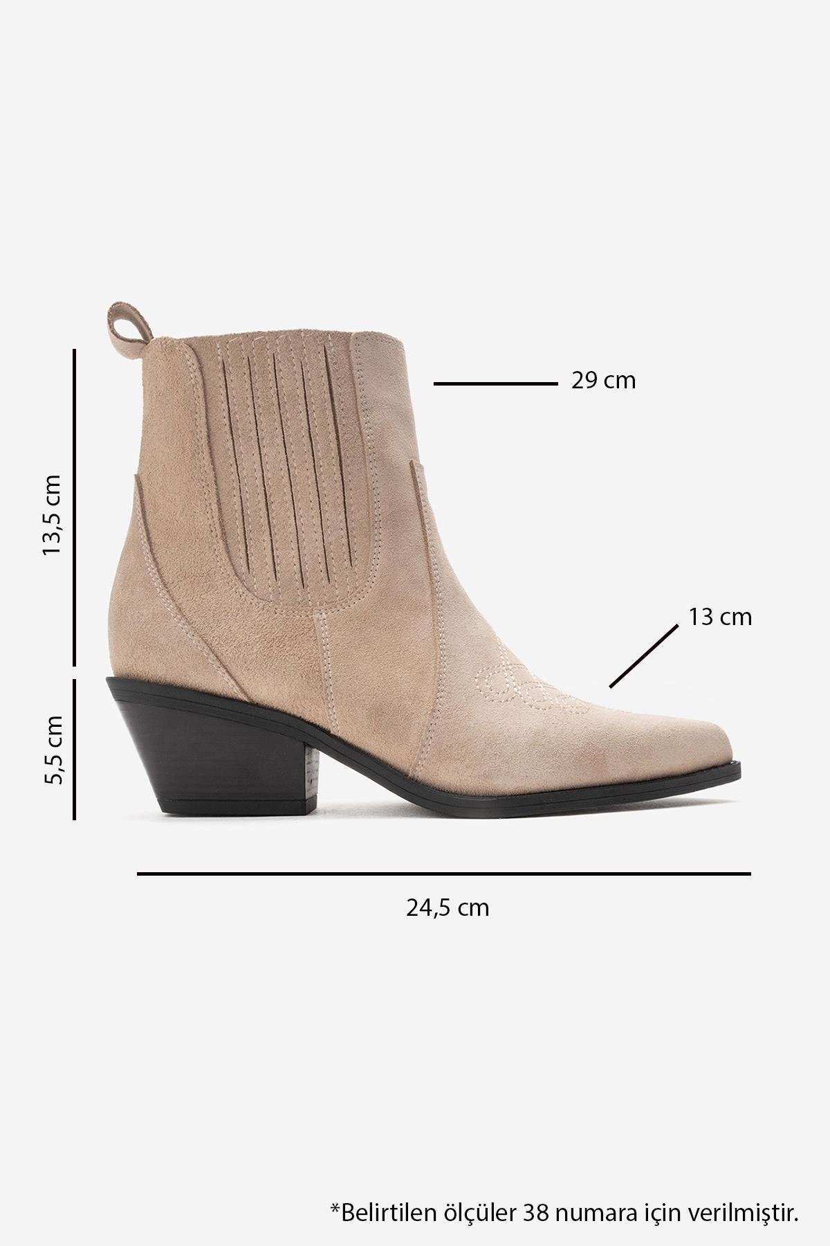 JULIETA - Beige Genuine Suede Leather Block Heel Western Boot – top view showing leather, suede, Vowalisse