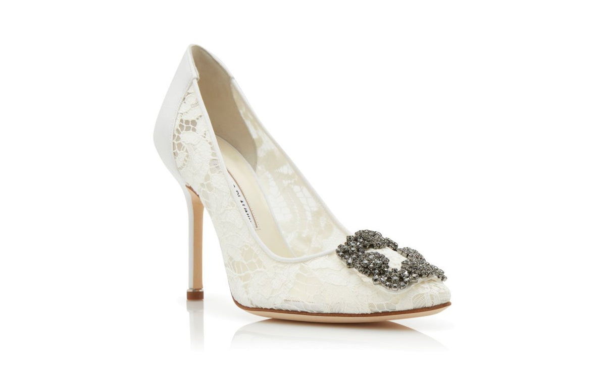 Amelie Élan White Jewel Buckle Pumps – top view showing white jewel buckle, crystal buckle, almond toe, satin, Vowalisse
