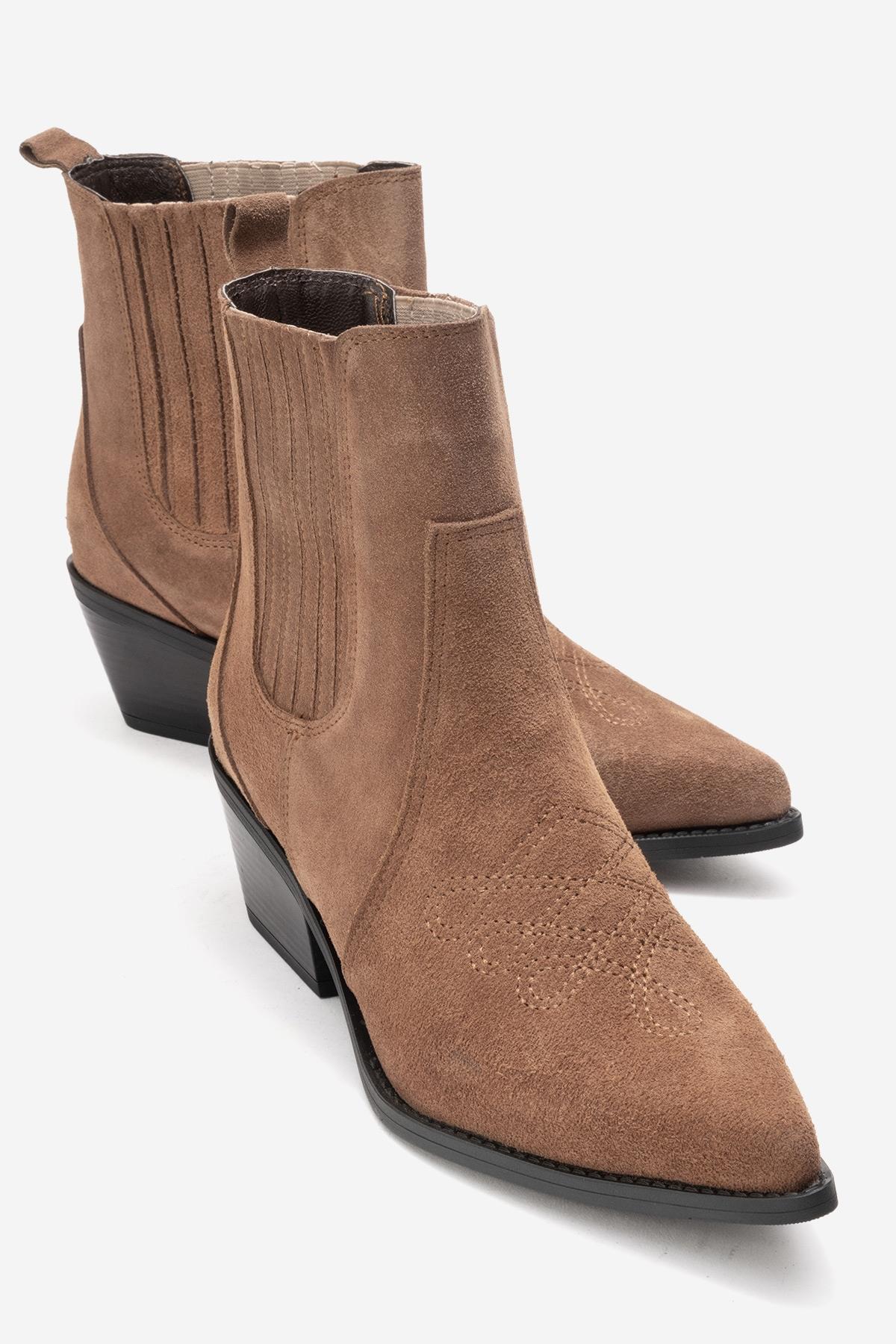 JULIETA - Taupe Genuine Suede Leather Block Heel Western Boot – front three-quarter view showing leather, suede, Vowalisse