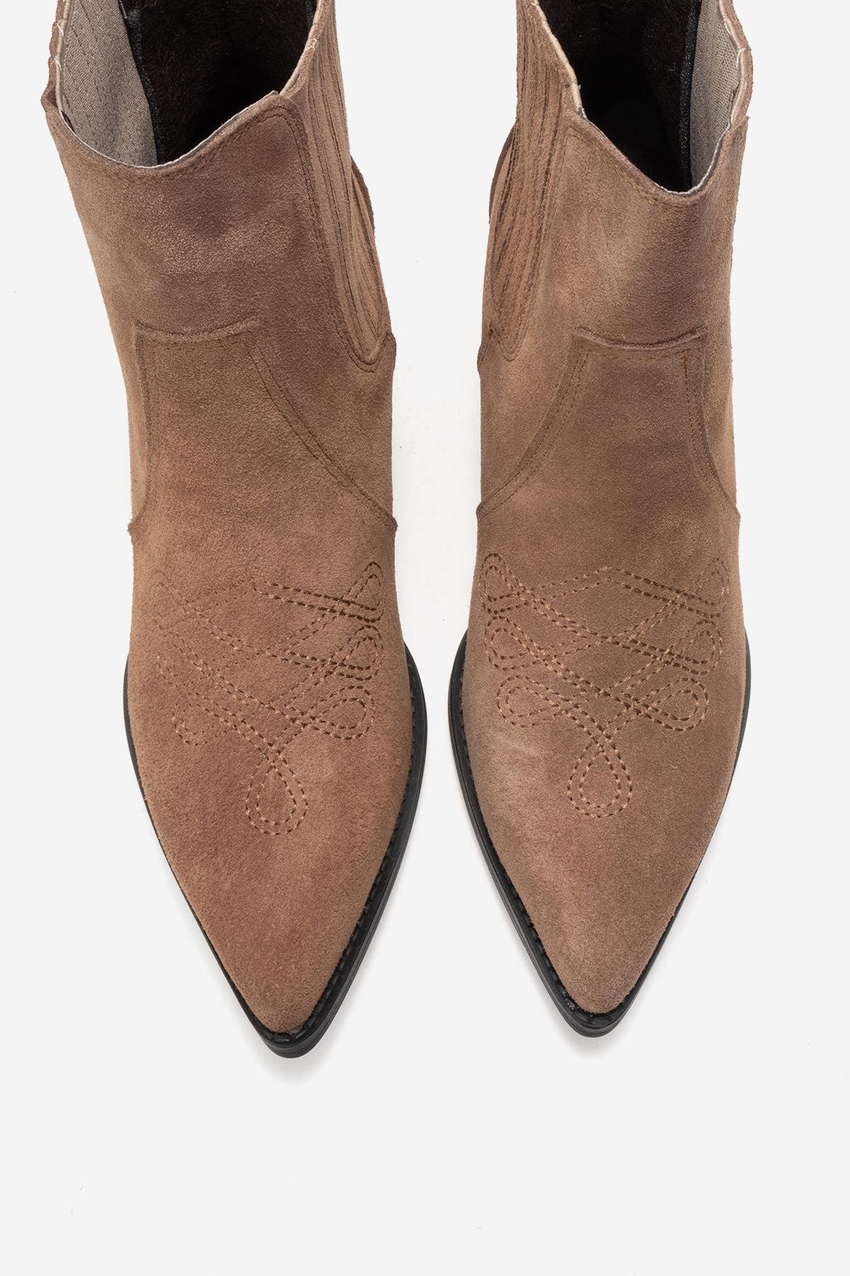 JULIETA - Taupe Genuine Suede Leather Block Heel Western Boot – side view showing leather, suede, Vowalisse