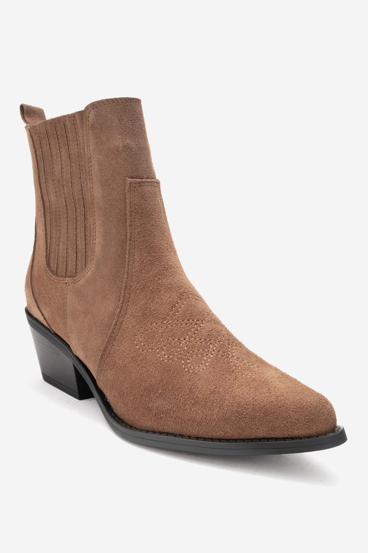 JULIETA - Taupe Genuine Suede Leather Block Heel Western Boot – detail view showing leather, suede, Vowalisse