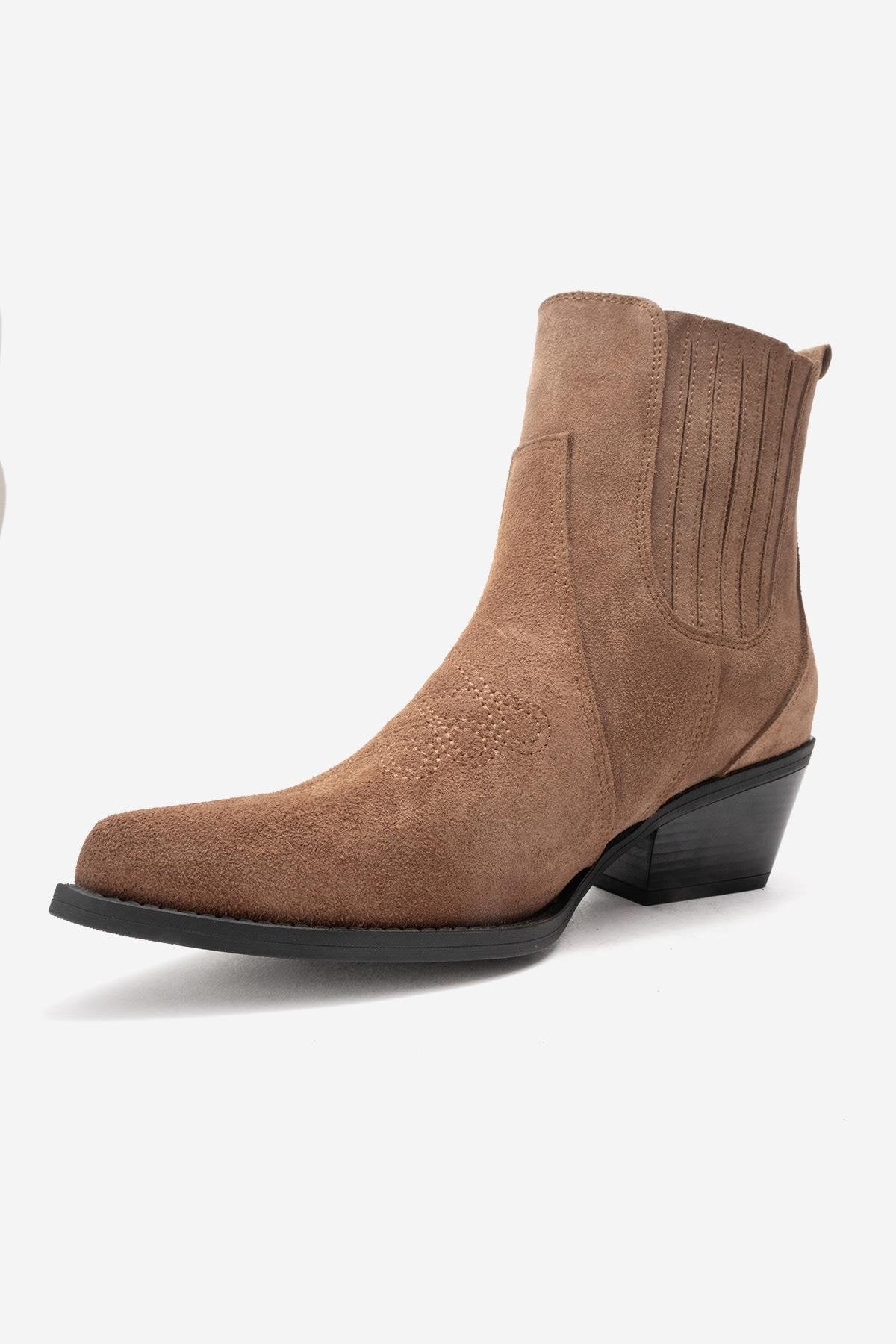JULIETA - Taupe Genuine Suede Leather Block Heel Western Boot – heel view showing leather, suede, Vowalisse