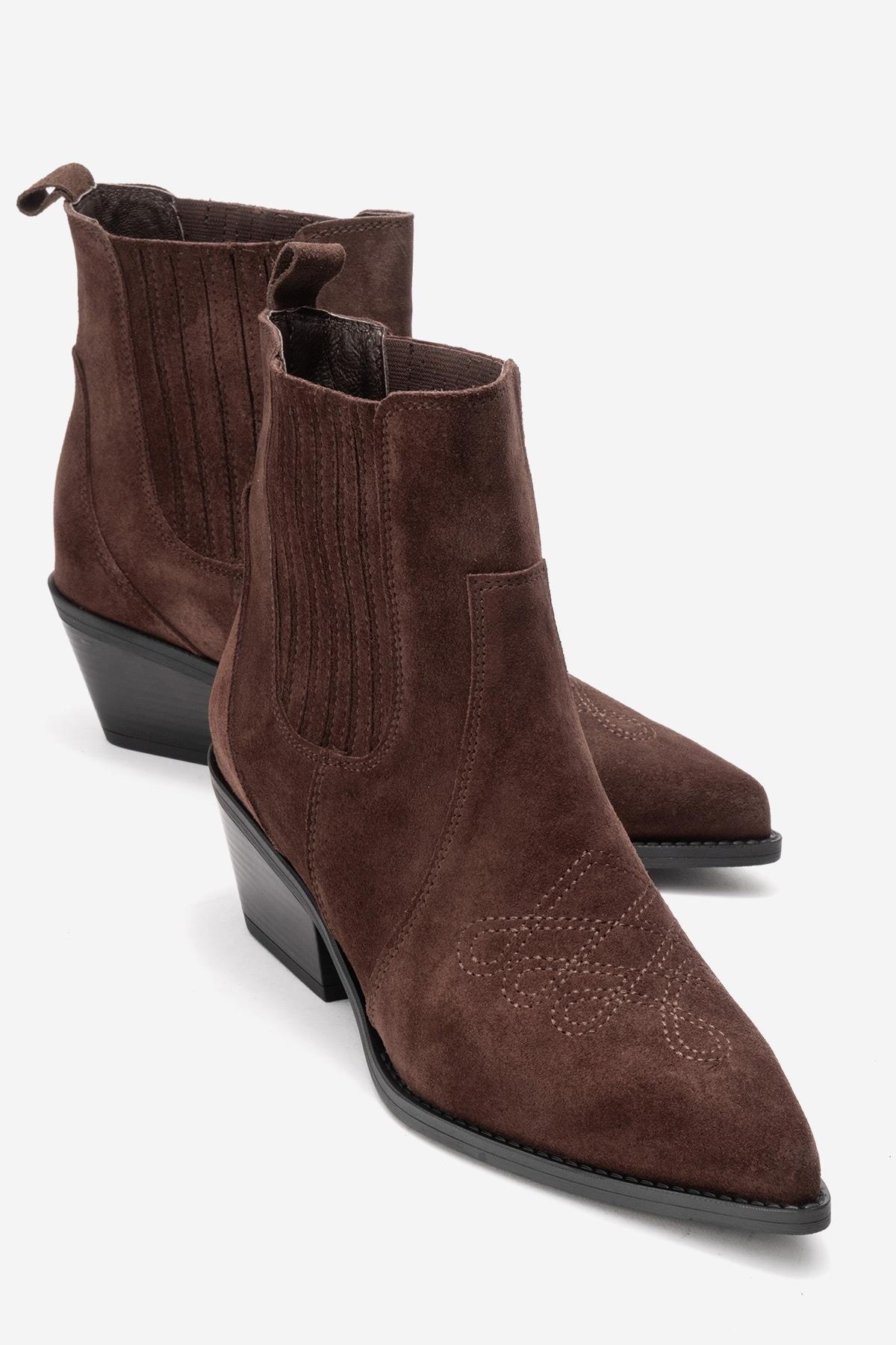 JULIETA - Brown Genuine Suede Leather Block Heel Western Boot – front three-quarter view showing leather, suede, Vowalisse