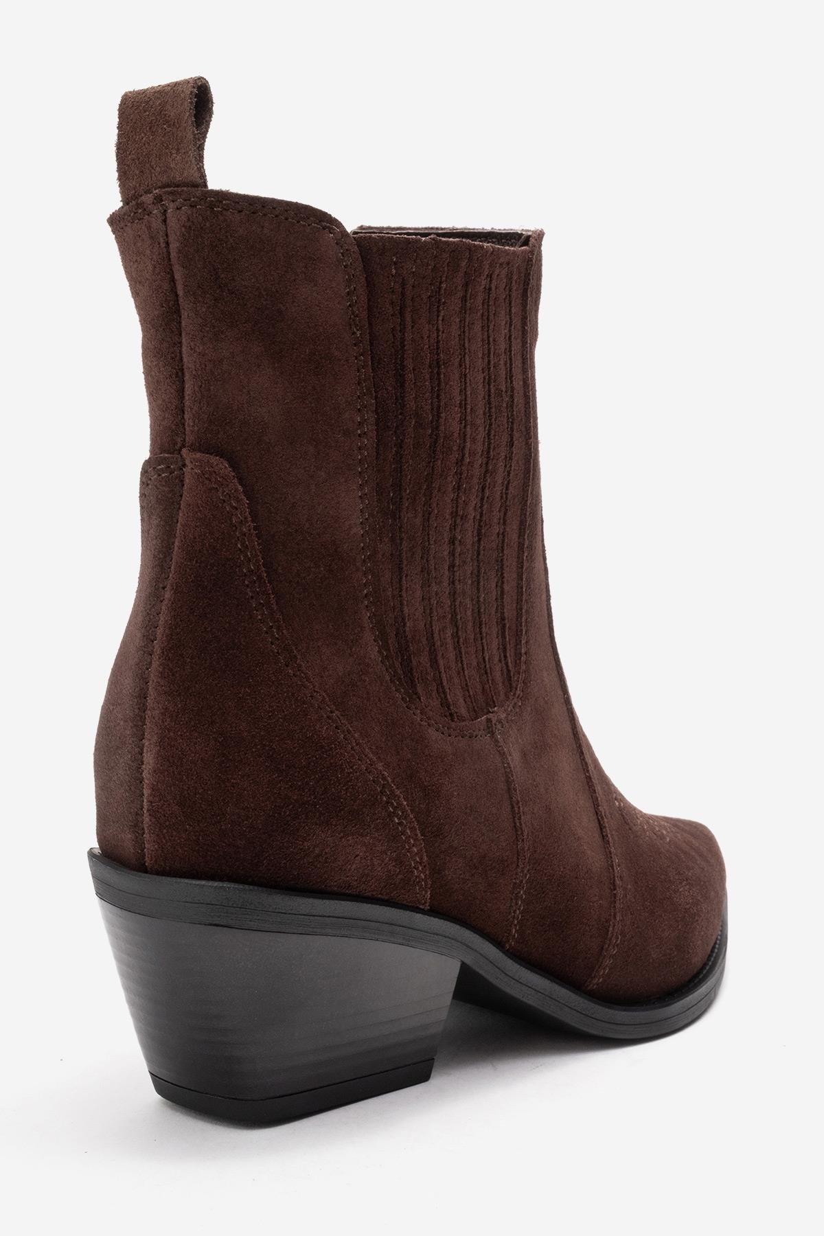 JULIETA - Brown Genuine Suede Leather Block Heel Western Boot – back view showing leather, suede, Vowalisse
