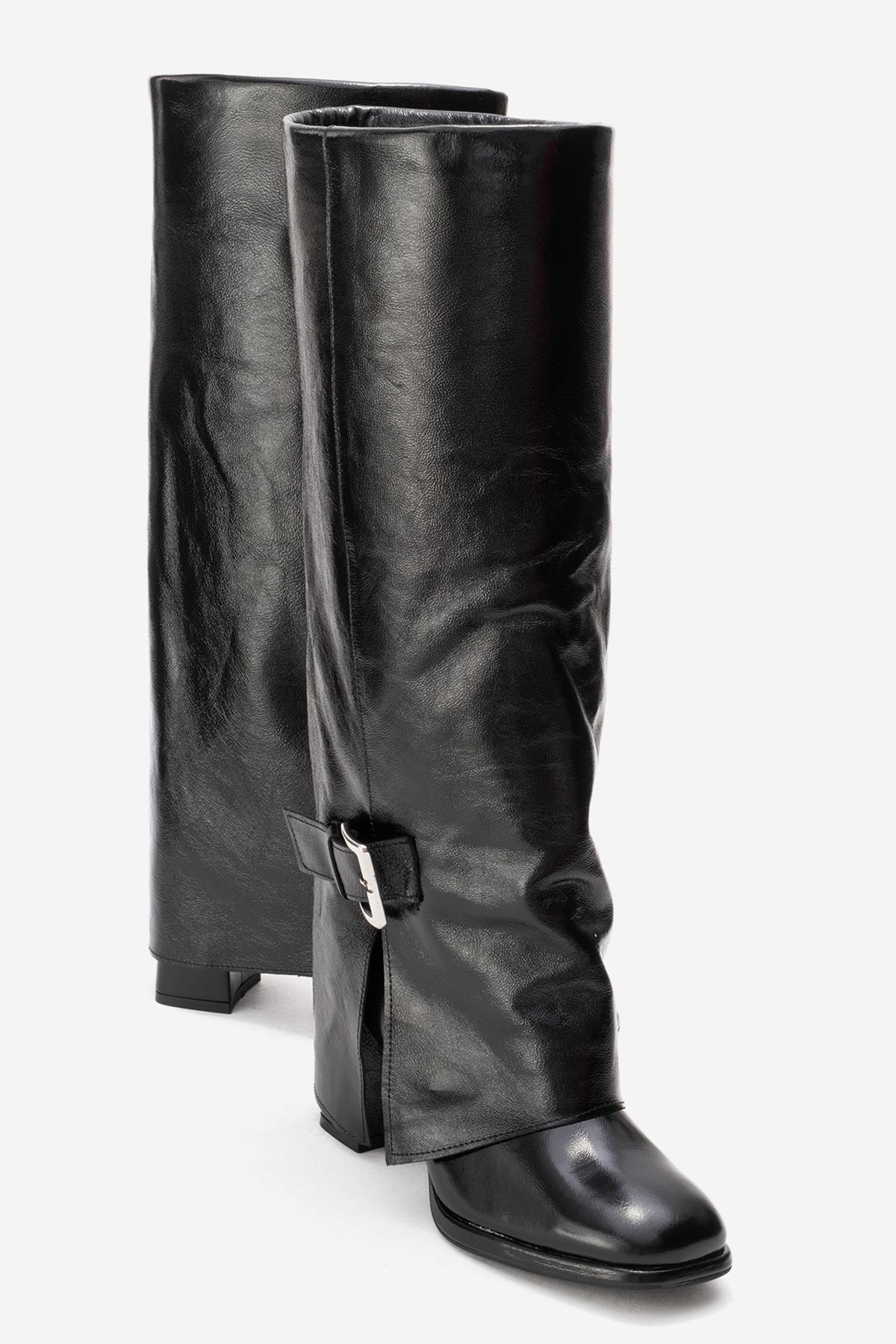 LOJO - Black Genuine Leather Block Heel Boot – front three-quarter view showing leather, black, Vowalisse