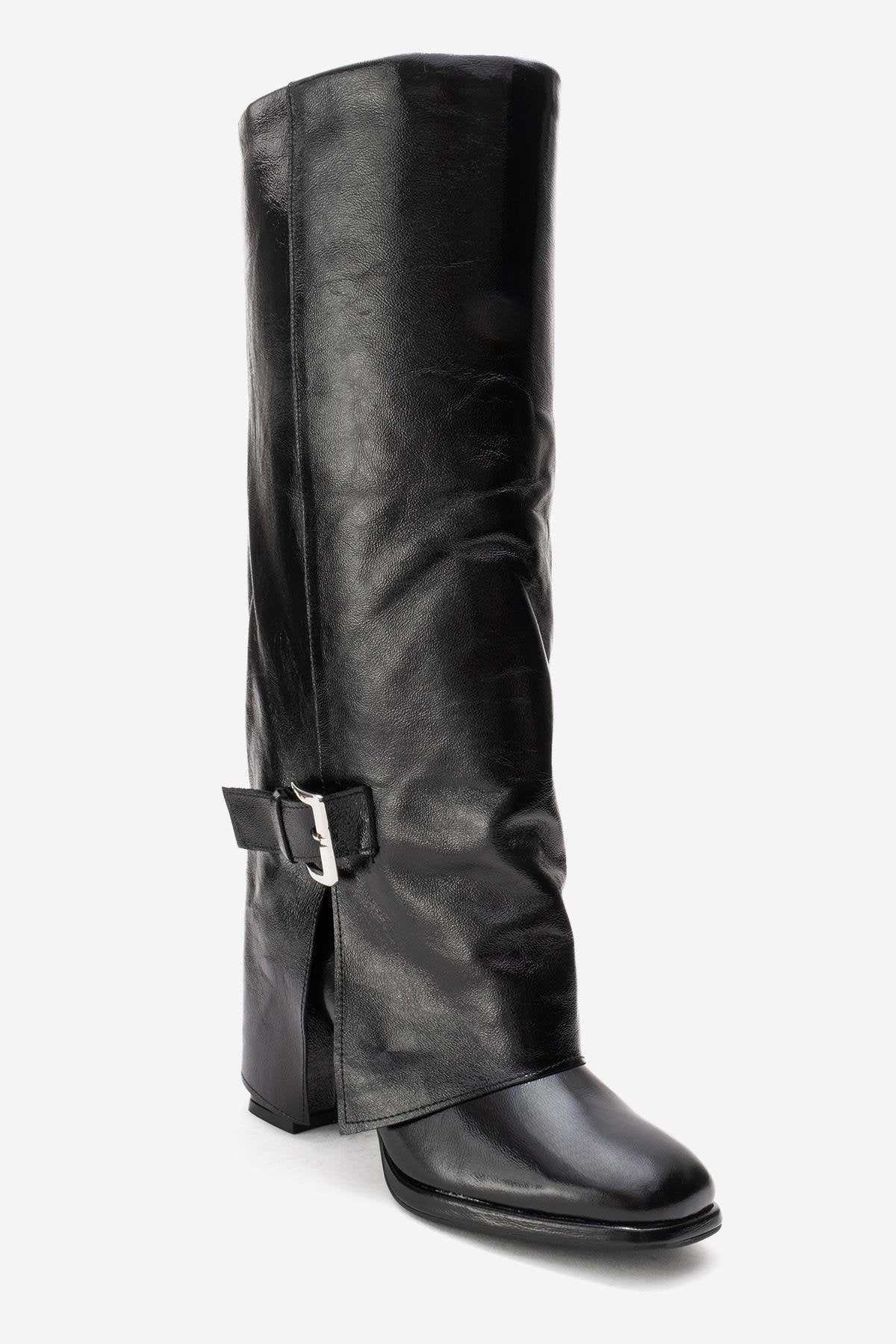 LOJO - Black Genuine Leather Block Heel Boot – heel view showing leather, black, Vowalisse