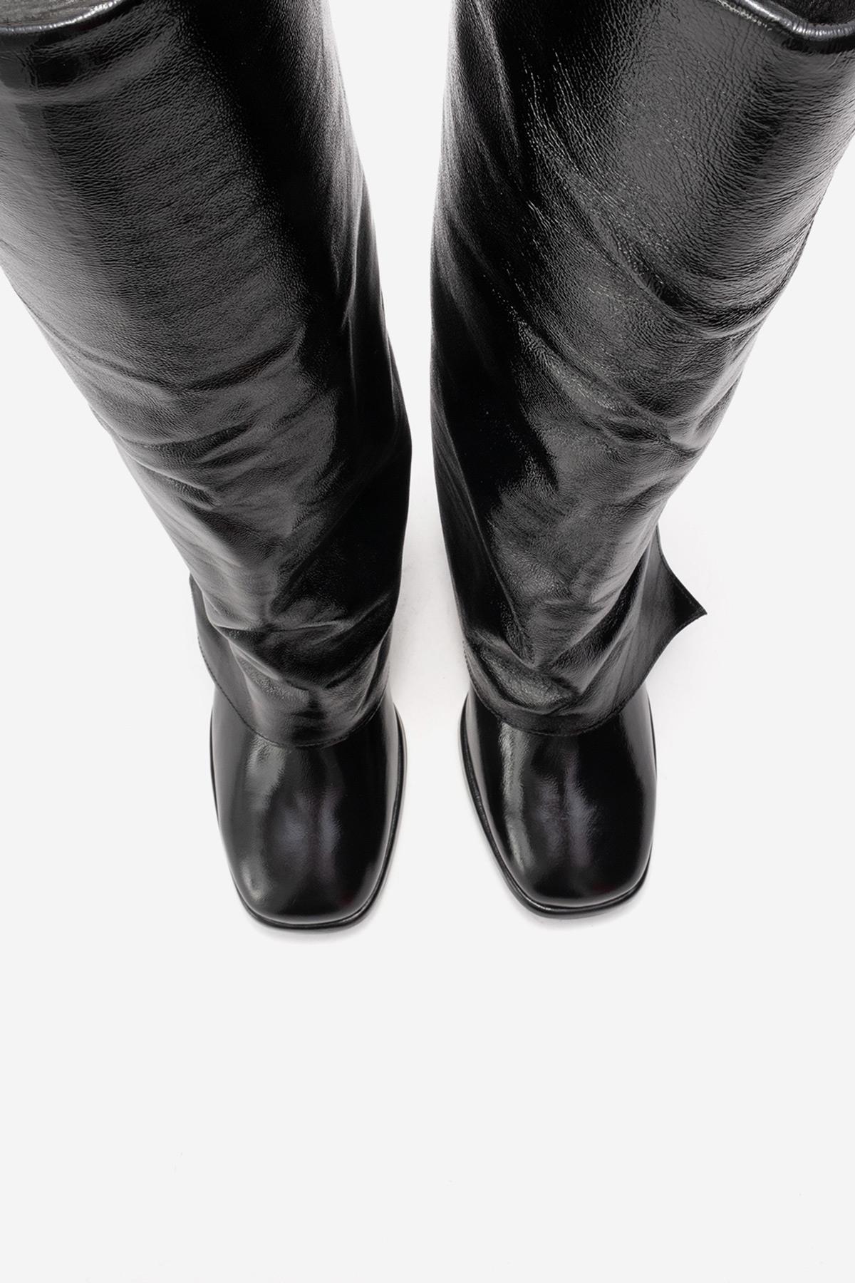 LOJO - Black Genuine Leather Block Heel Boot – pair view showing leather, black, Vowalisse