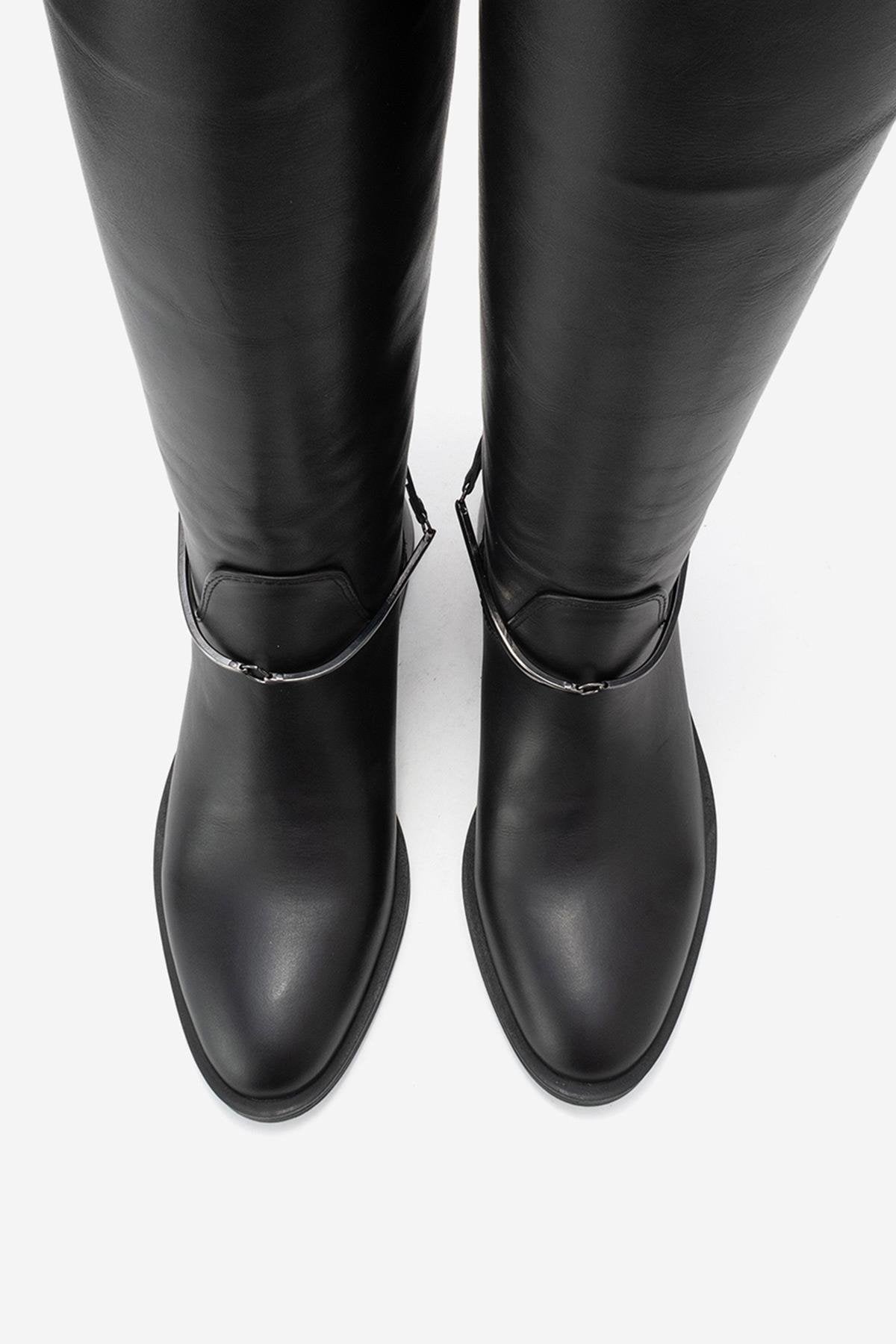 ANSEL - Black Genuine Leather Flat Heel Knee-High Boot – side view showing leather, black, red, Vowalisse