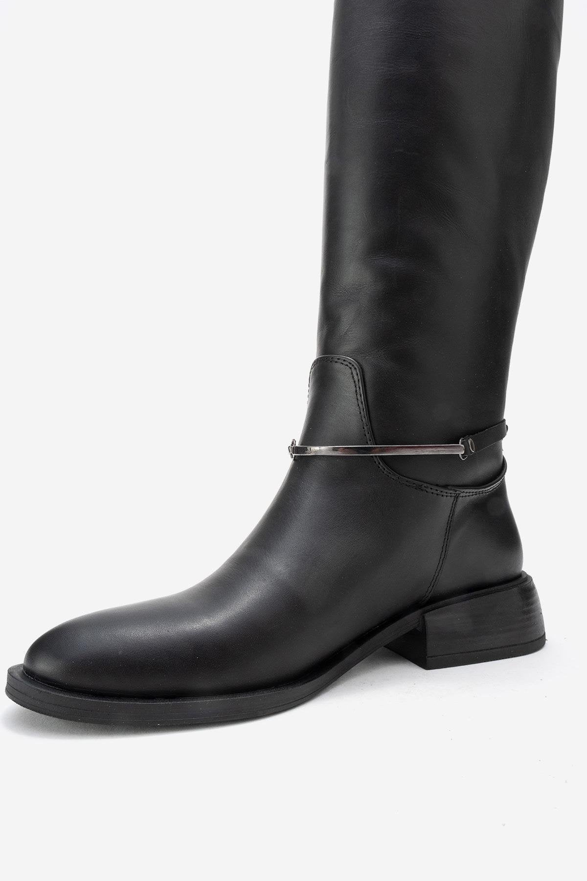 ANSEL - Black Genuine Leather Flat Heel Knee-High Boot – heel view showing leather, black, red, Vowalisse