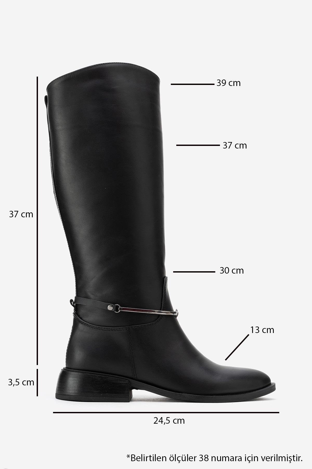 ANSEL - Black Genuine Leather Flat Heel Knee-High Boot – top view showing leather, black, red, Vowalisse