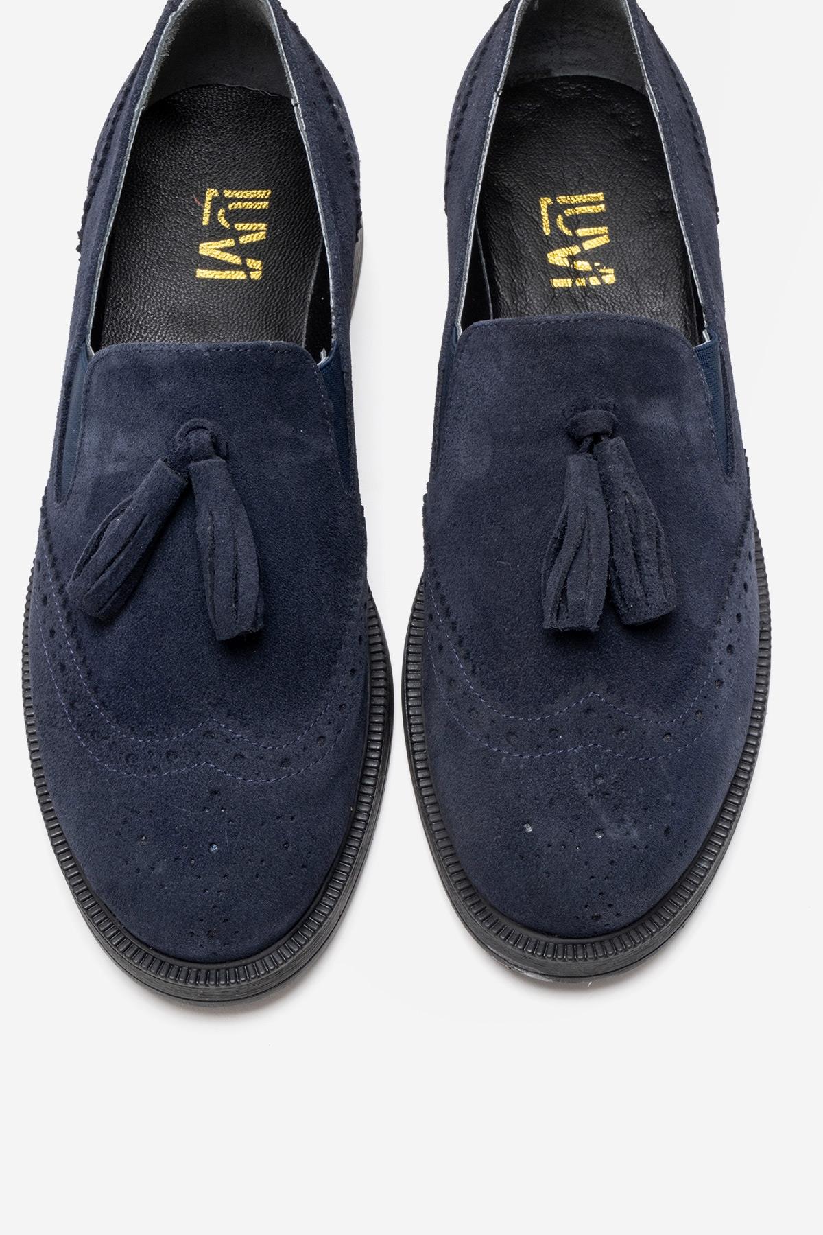 ALEX - Navy Suede Genuine Leather Loafer – side view showing leather, suede, Vowalisse