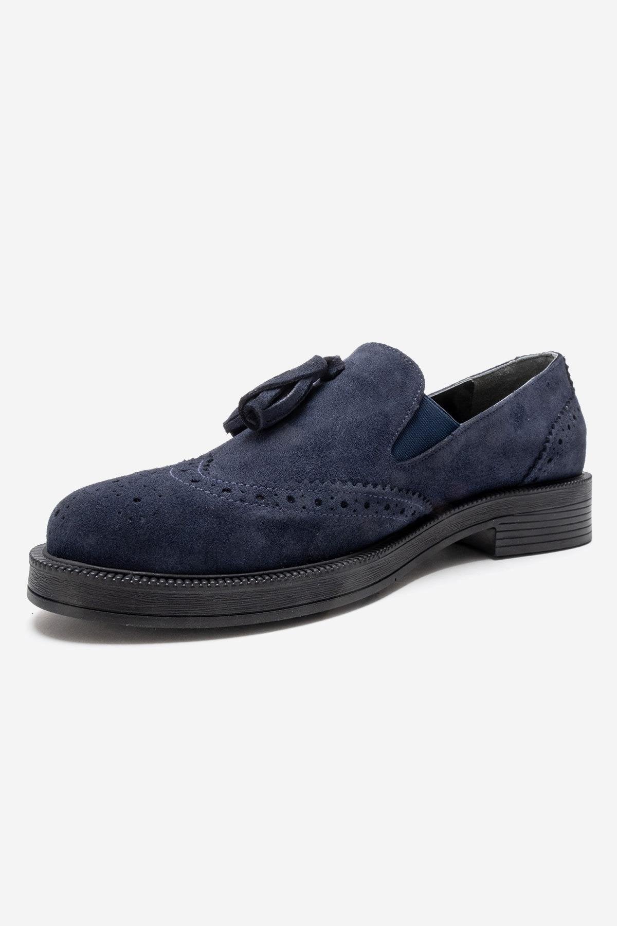 ALEX - Navy Suede Genuine Leather Loafer – heel view showing leather, suede, Vowalisse