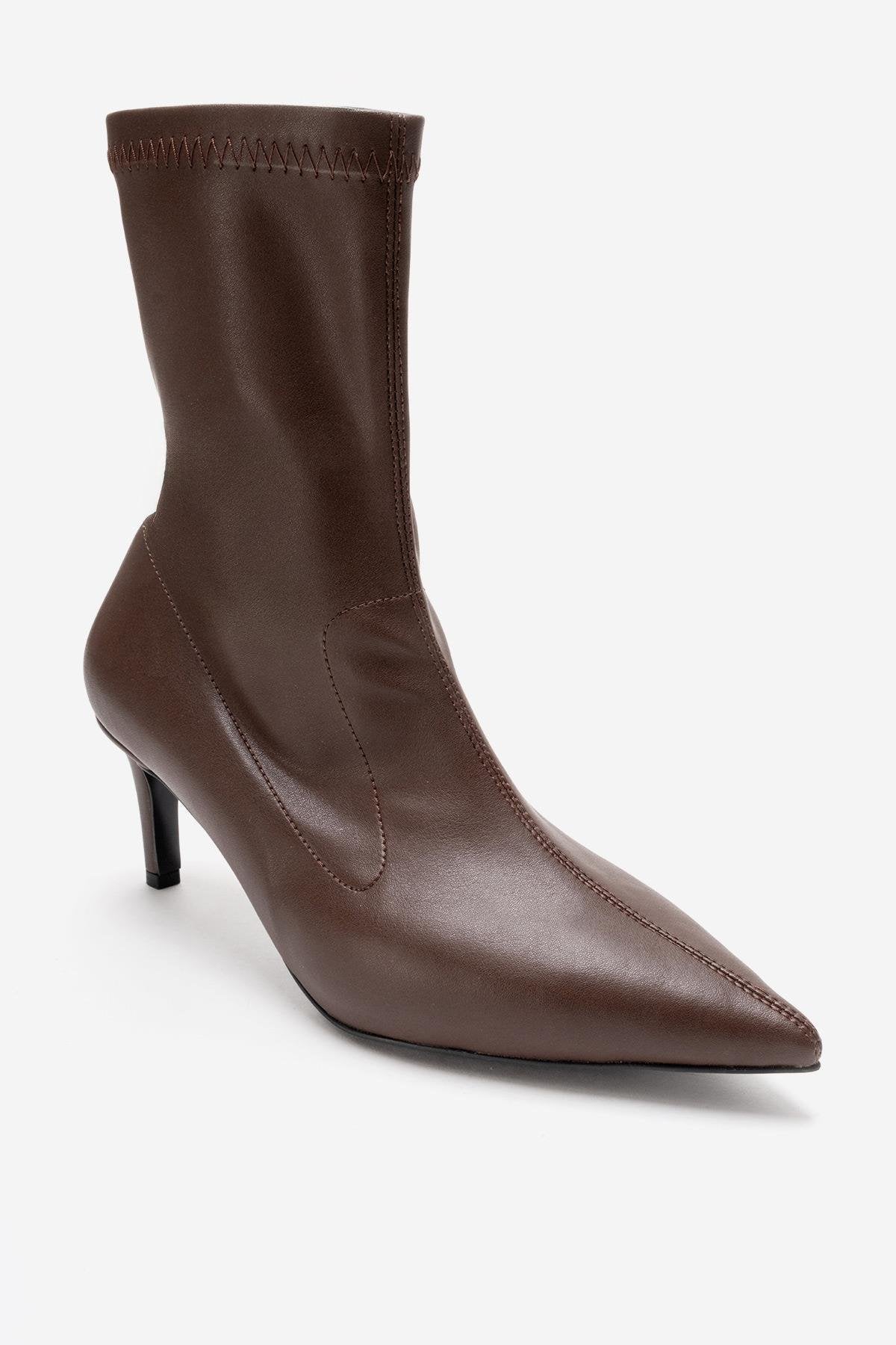 ROSSANO - Brown Stiletto Heel Boot – detail view showing leather, Vowalisse