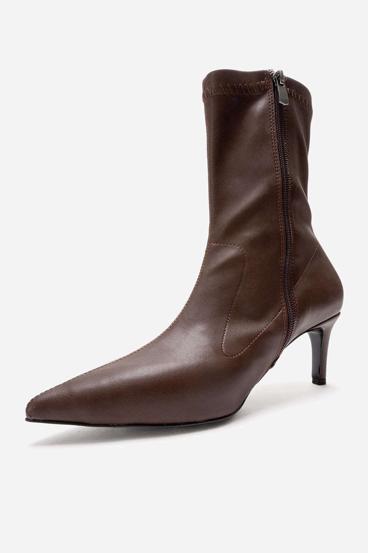 ROSSANO - Brown Stiletto Heel Boot – heel view showing leather, Vowalisse