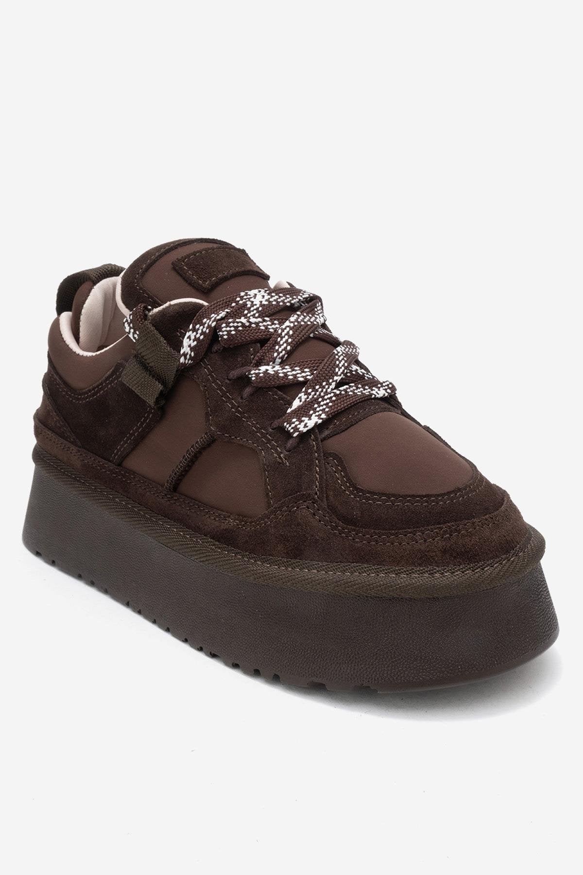 Riven - Brown Genuine Leather Platform Sneaker – detail view showing leather, suede, Vowalisse