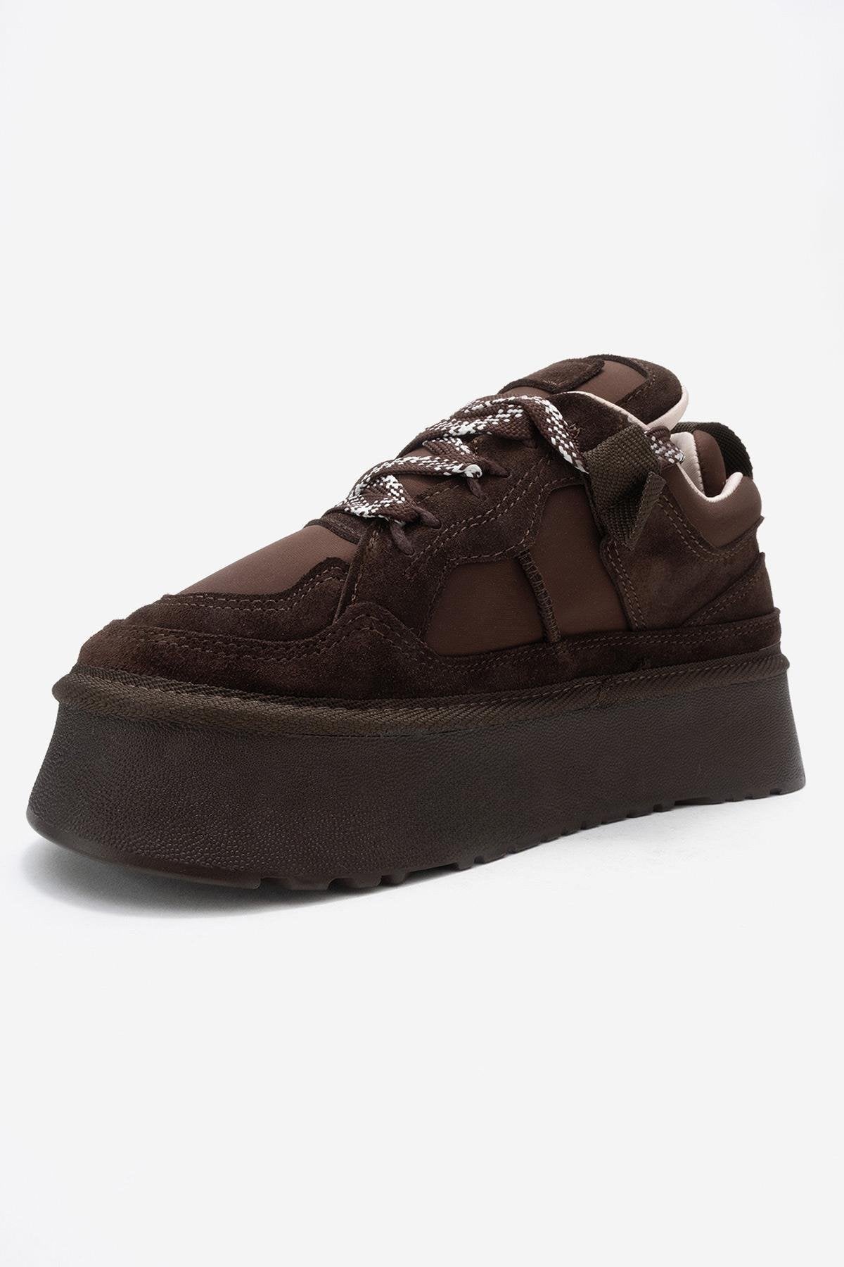 Riven - Brown Genuine Leather Platform Sneaker – heel view showing leather, suede, Vowalisse