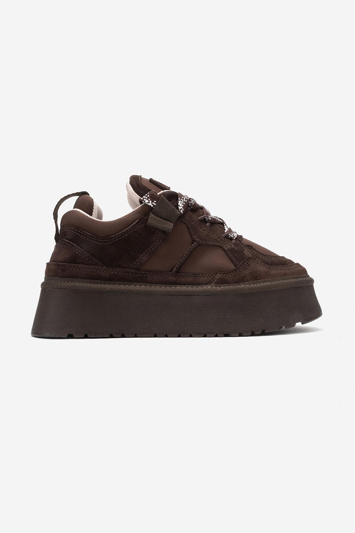 Riven - Brown Genuine Leather Platform Sneaker – top view showing leather, suede, Vowalisse