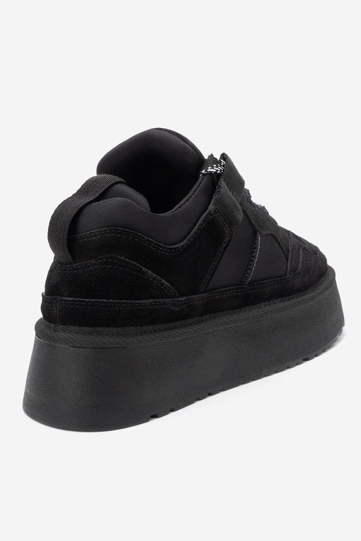 Riven - Black Genuine Leather Platform Sneaker – back view showing leather, suede, black, Vowalisse