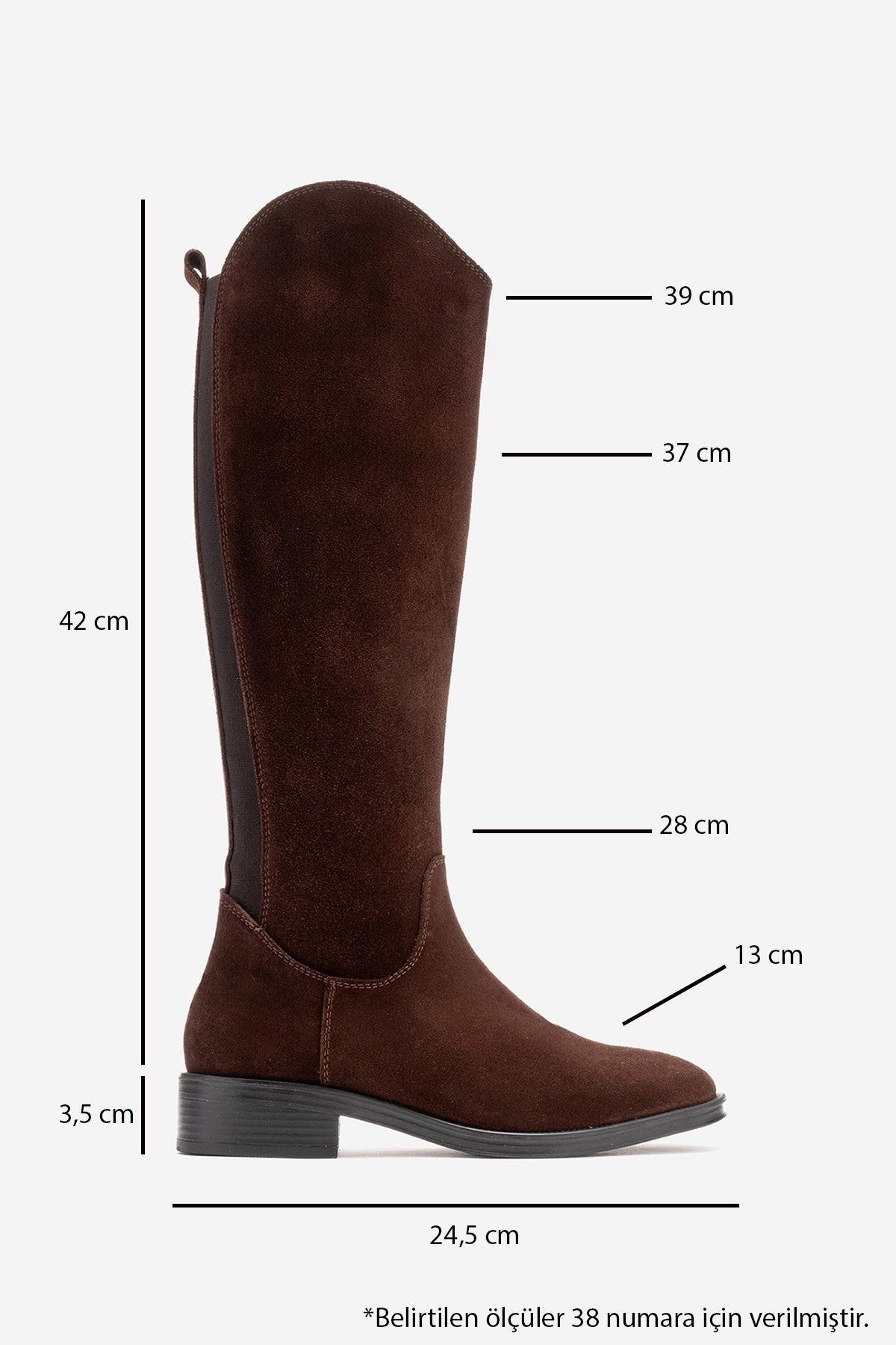 RUIZ - Brown Suede Genuine Leather Flat Heel Boot – detail view showing leather, suede, red, Vowalisse