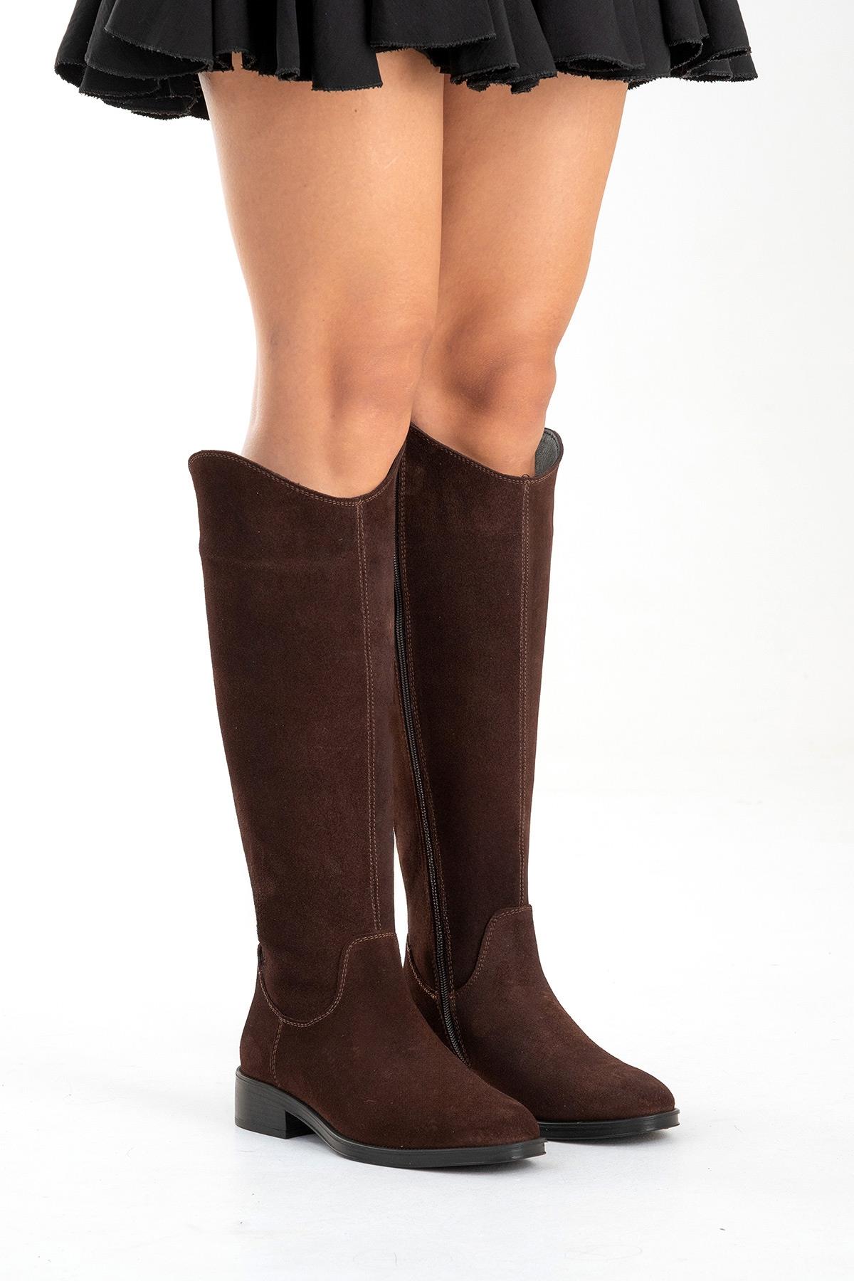 RUIZ - Brown Suede Genuine Leather Flat Heel Boot – heel view showing leather, suede, red, Vowalisse
