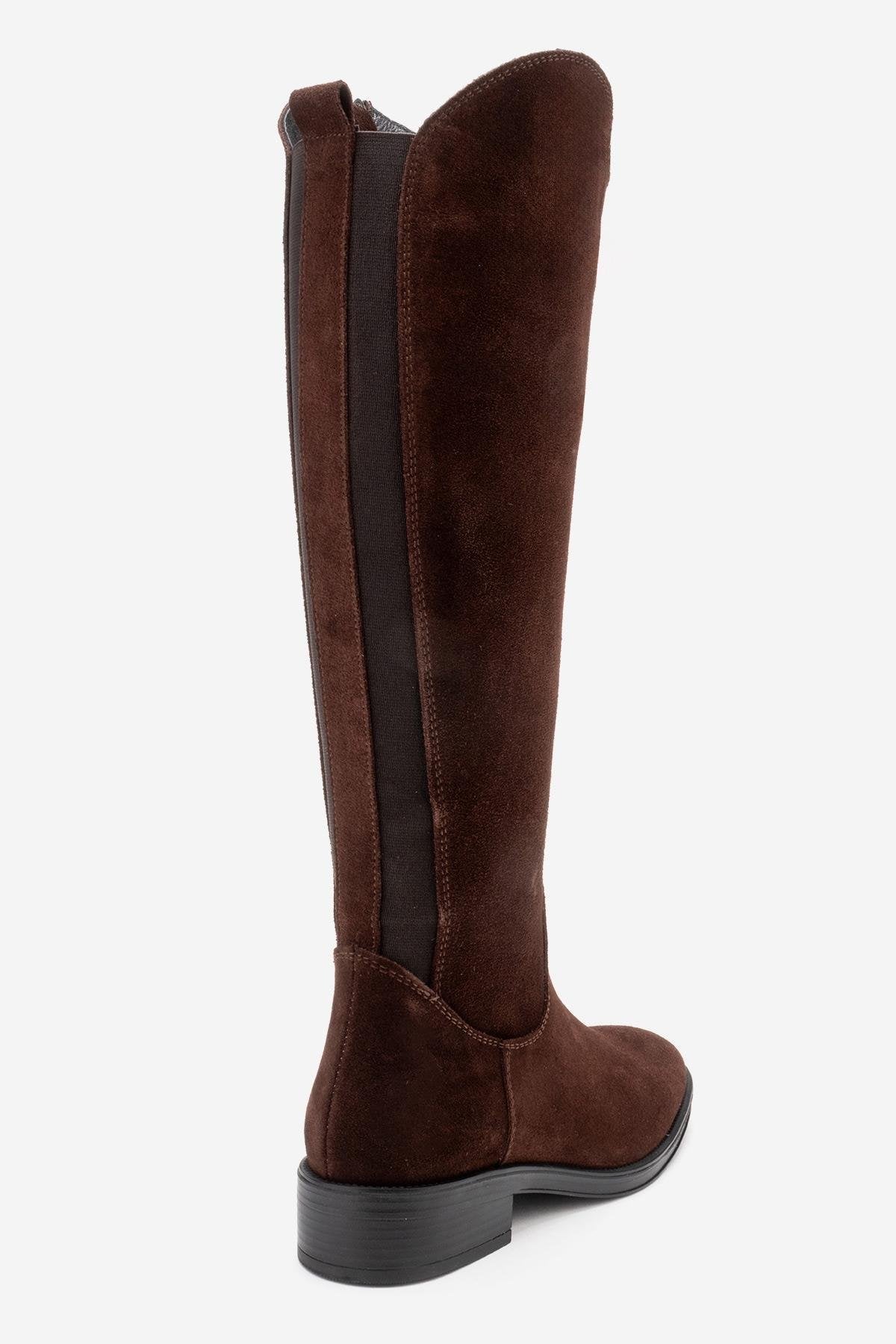 RUIZ - Brown Suede Genuine Leather Flat Heel Boot – pair view showing leather, suede, red, Vowalisse