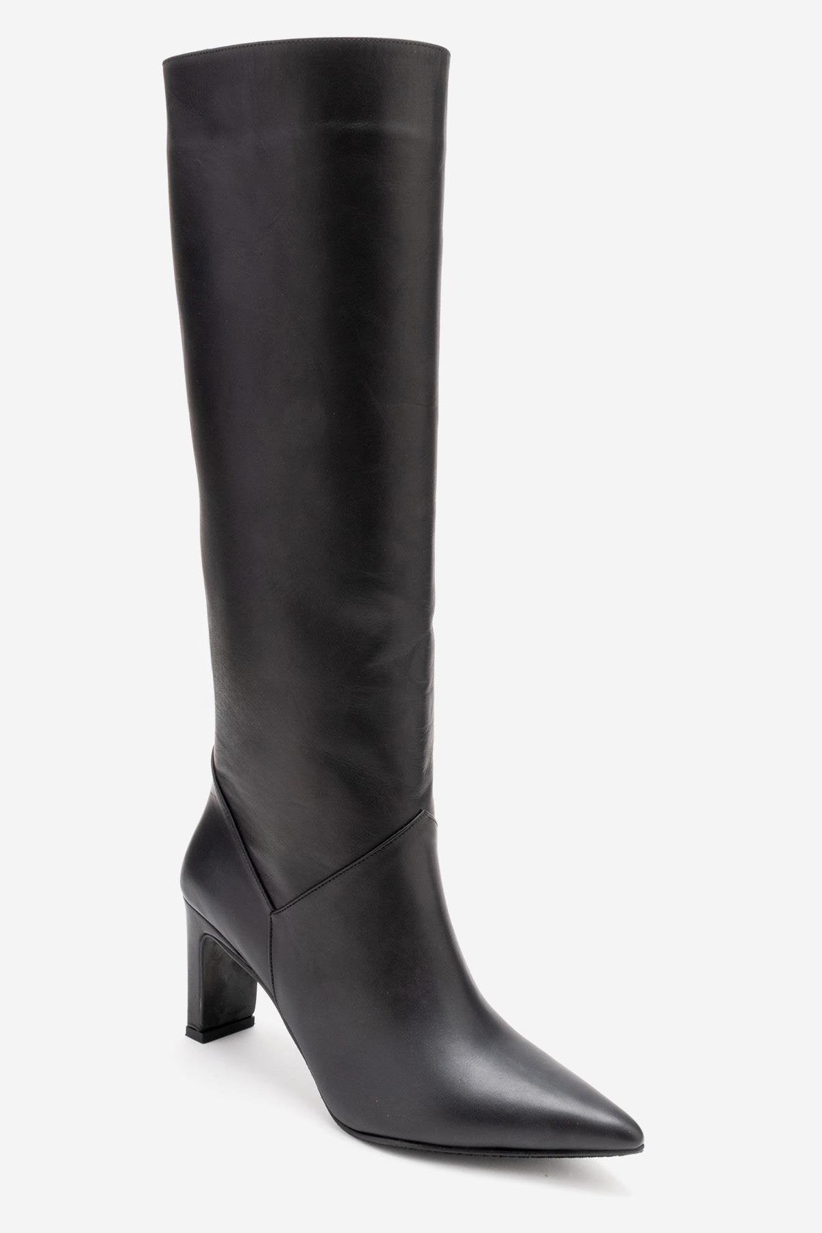 MERLA - Black Genuine Leather Block Heel Boot – sole view showing leather, black, Vowalisse